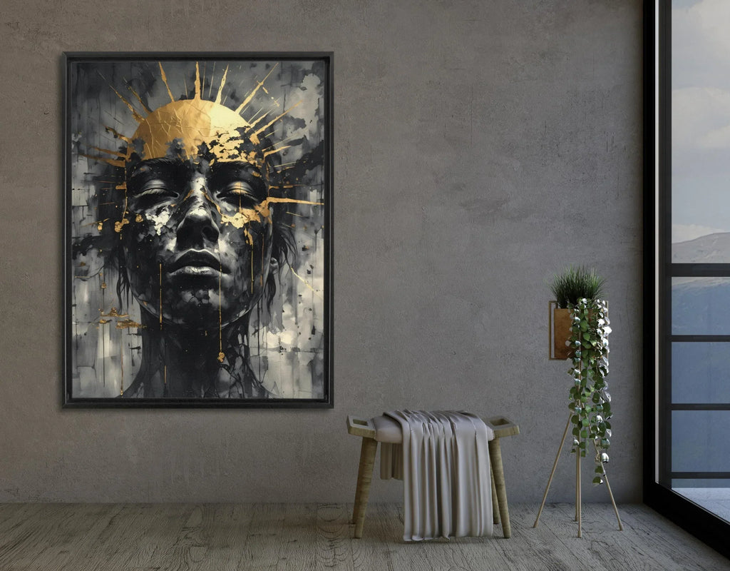 Canvas Wall Art – Abstract Golden Crown Portrait | Luxury Floating Frame Painting - AffinityArts 