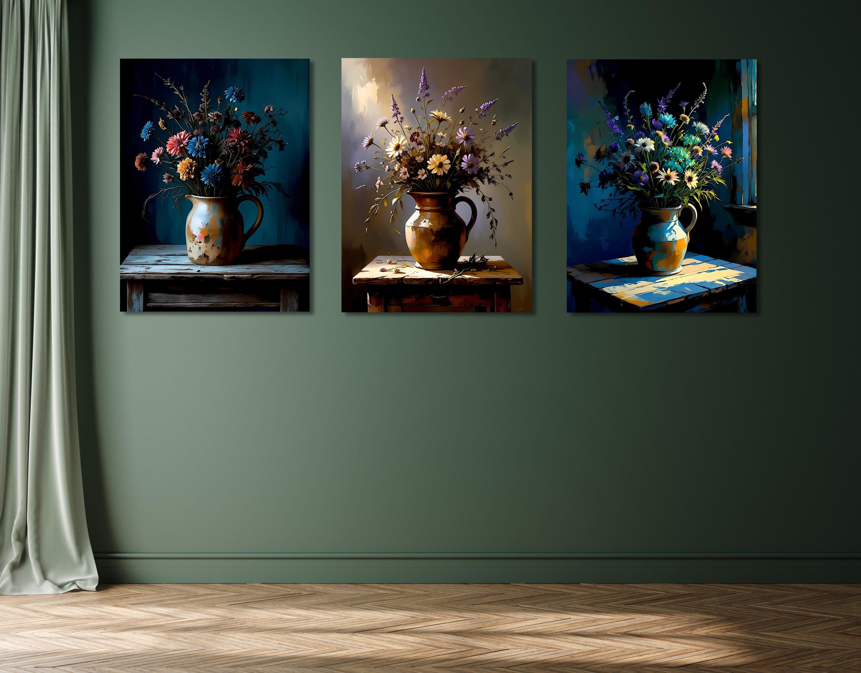 Triptych wall art with colorful wildflower bouquets in vintage pottery, expressive painterly style, cozy home decor