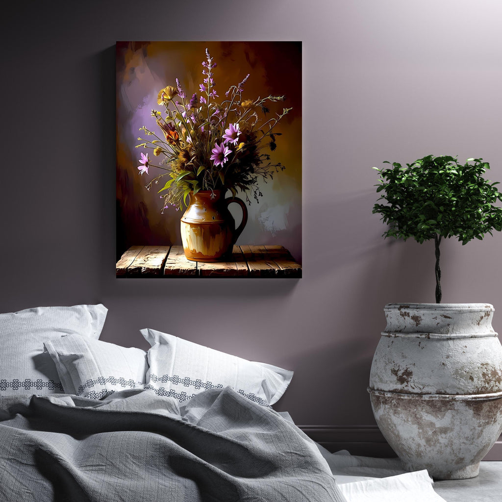 Wildflower Canvas Print: Rustic Floral Painting in Clay Jug - AffinityArts 