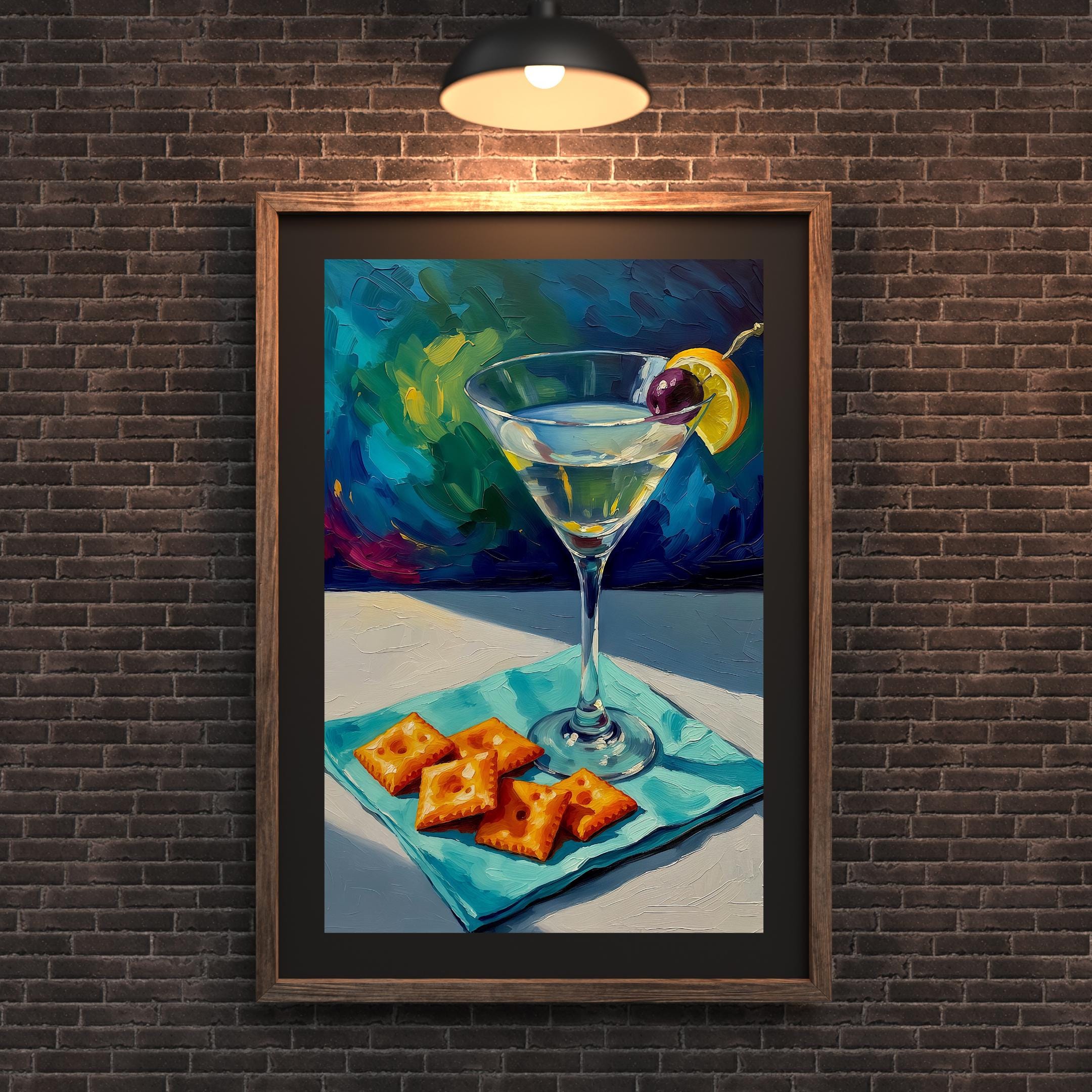 Modern still life painting of a martini cocktail, olive garnish, and crackers on a blue napkin in expressive impressionist style.