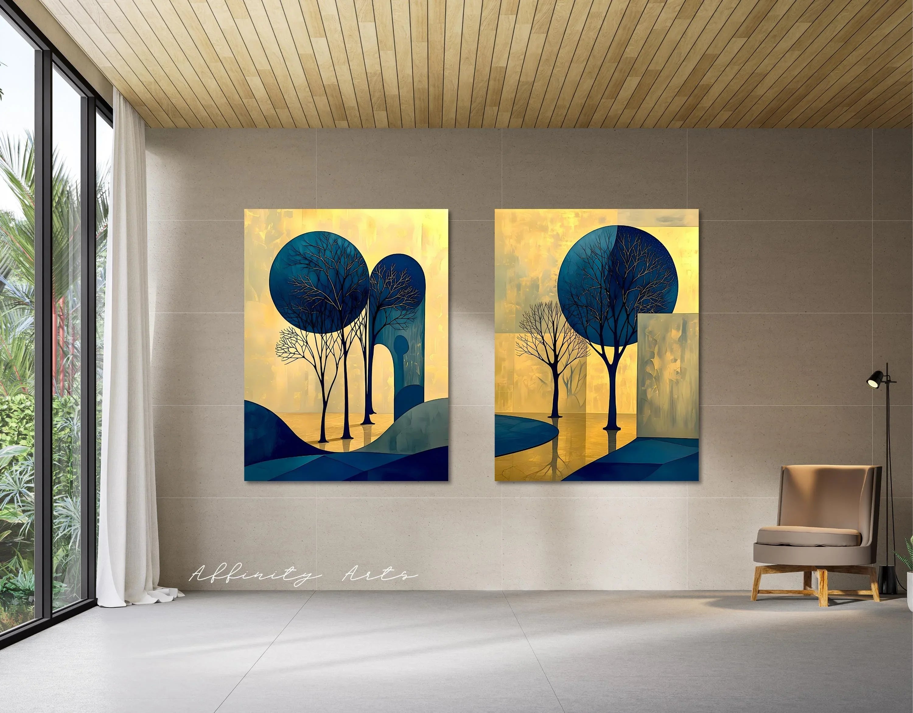 Abstract Tree Art Set: Blue and Gold Landscape Canvas or Poster - AffinityArts 