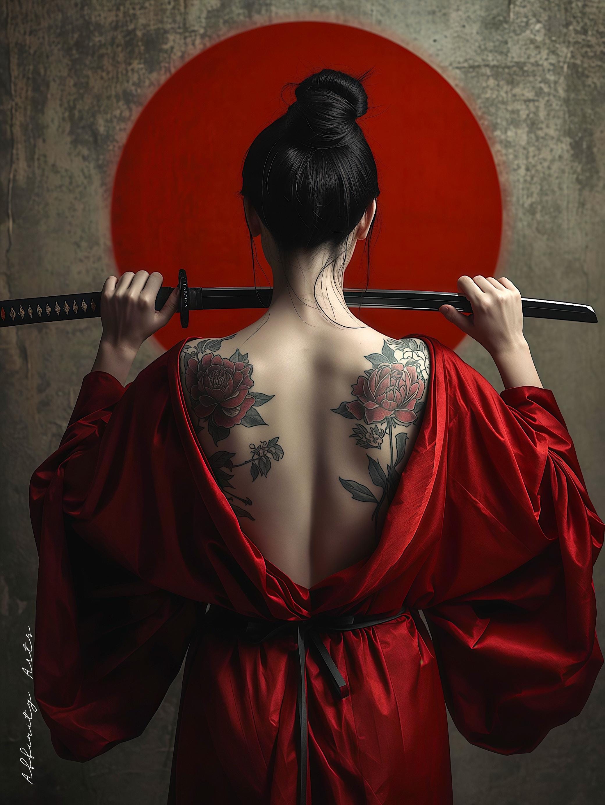 Elegant woman in flowing red silk kimono displaying intricate floral back tattoos and samurai sword