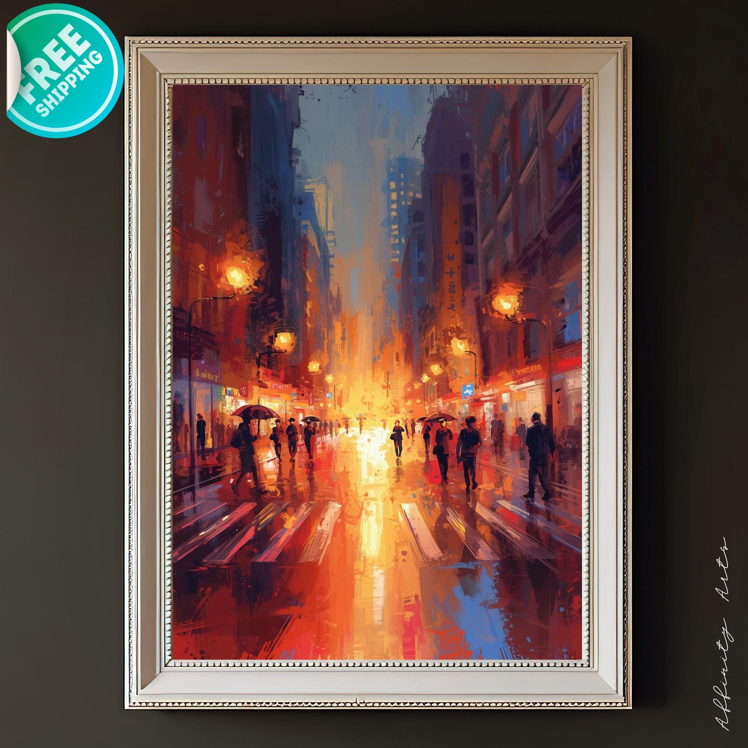 Impressionist city street at dusk with pedestrians holding umbrellas, glowing streetlights, and warm reflections on wet pavement.