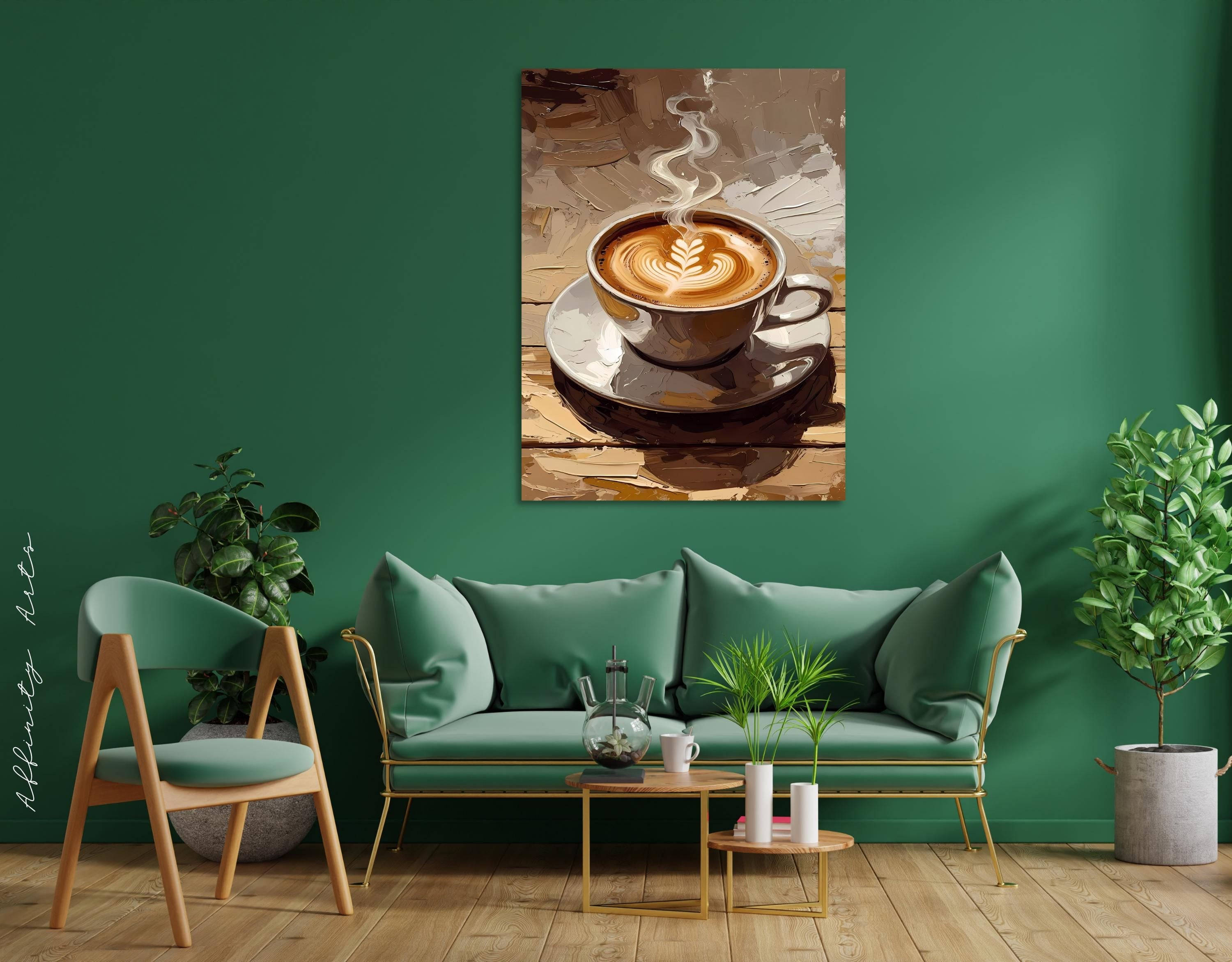 Modern abstract painting of a hot latte with decorative foam art and steam curling upward.