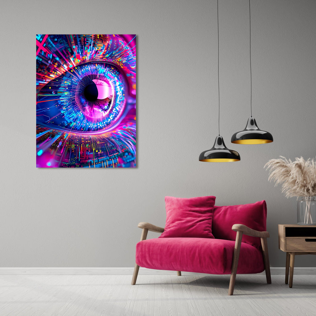 AI Vision Wall Art - Abstract Futuristic Eye Canvas Print in Neon Tech Style