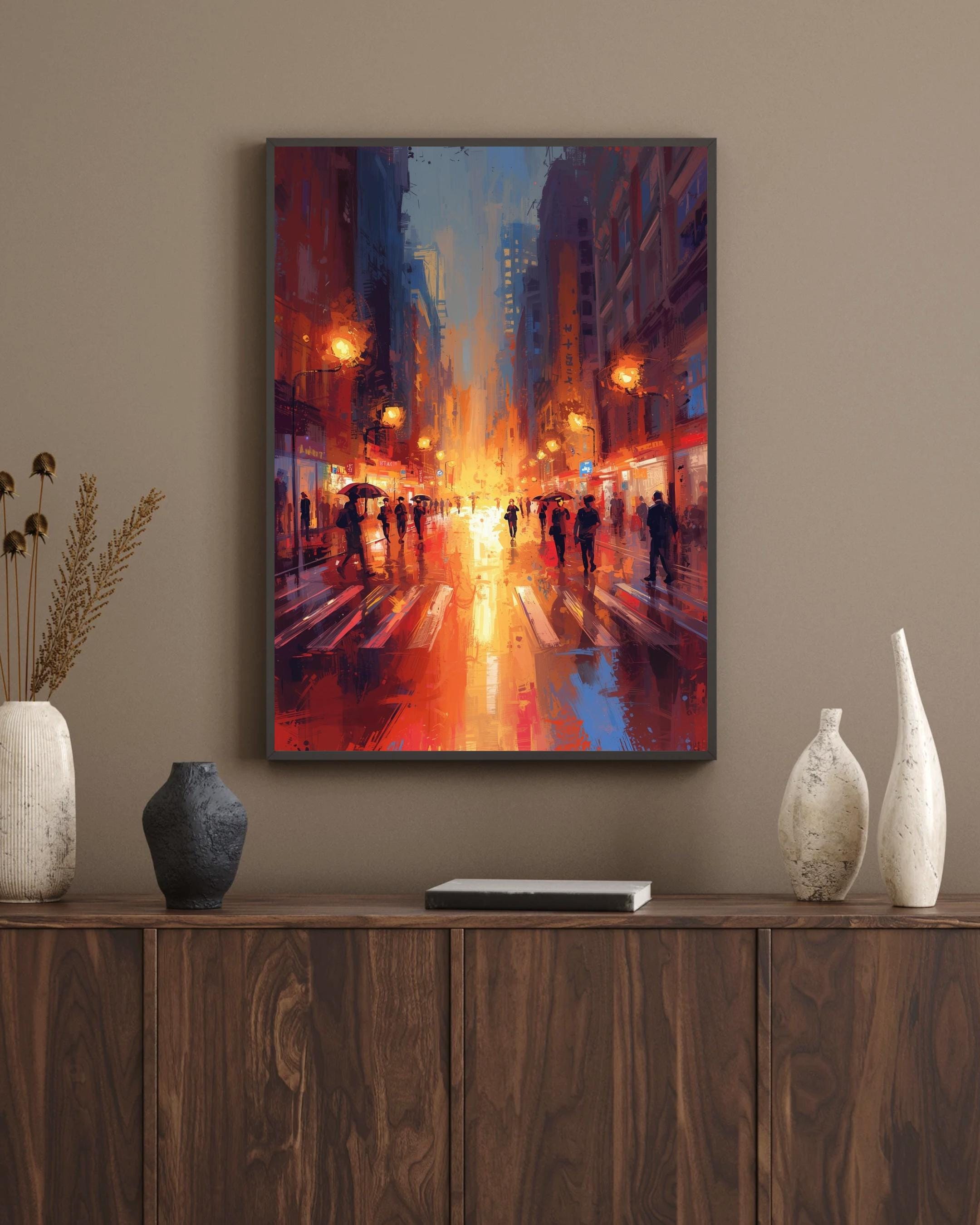 Atmospheric cityscape artwork showing a busy street in the rain, soft silhouettes of people, and warm evening lights.