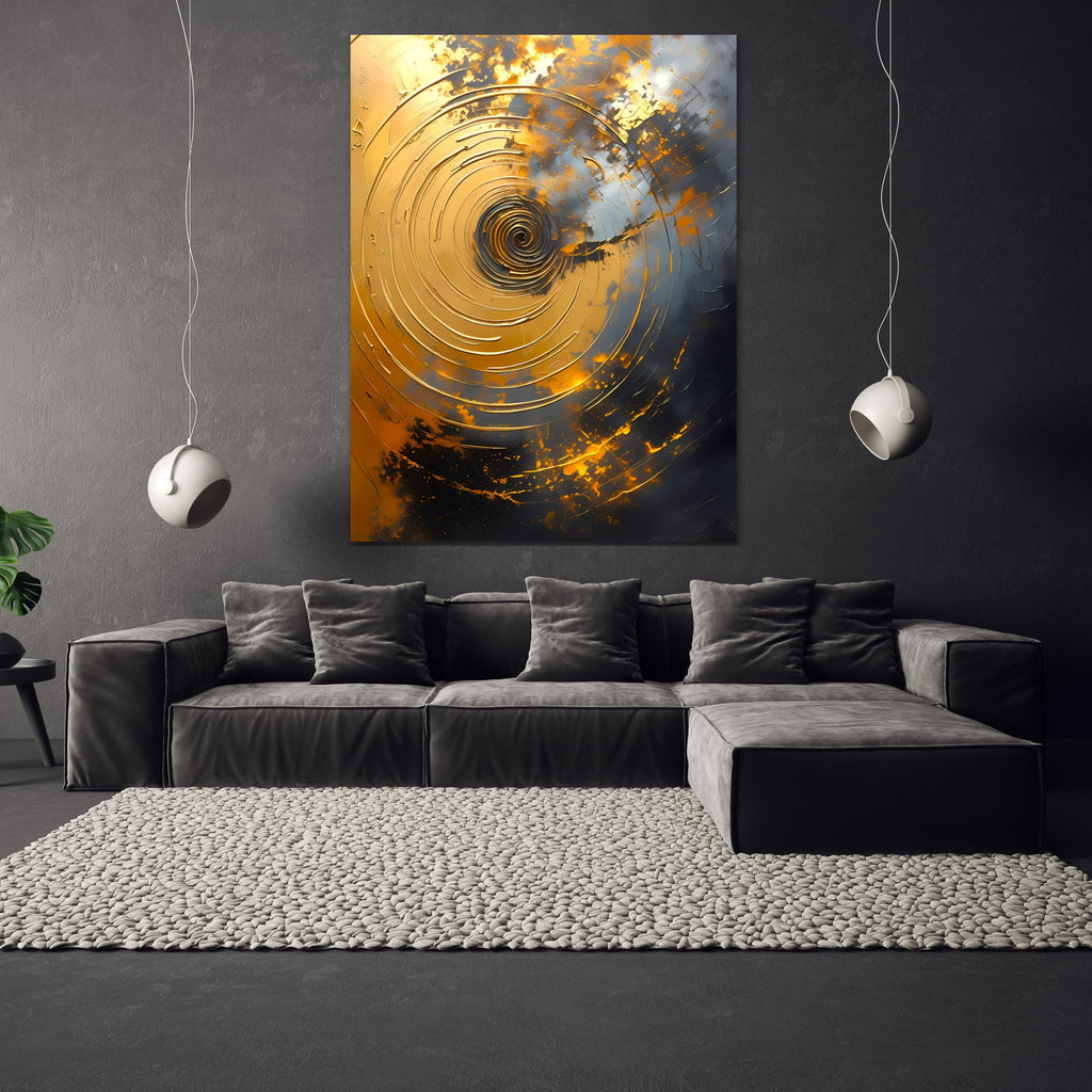 Mesmerizing golden whirlpool in oils, evoking cosmic energy with fiery bursts against a shadowy void.
