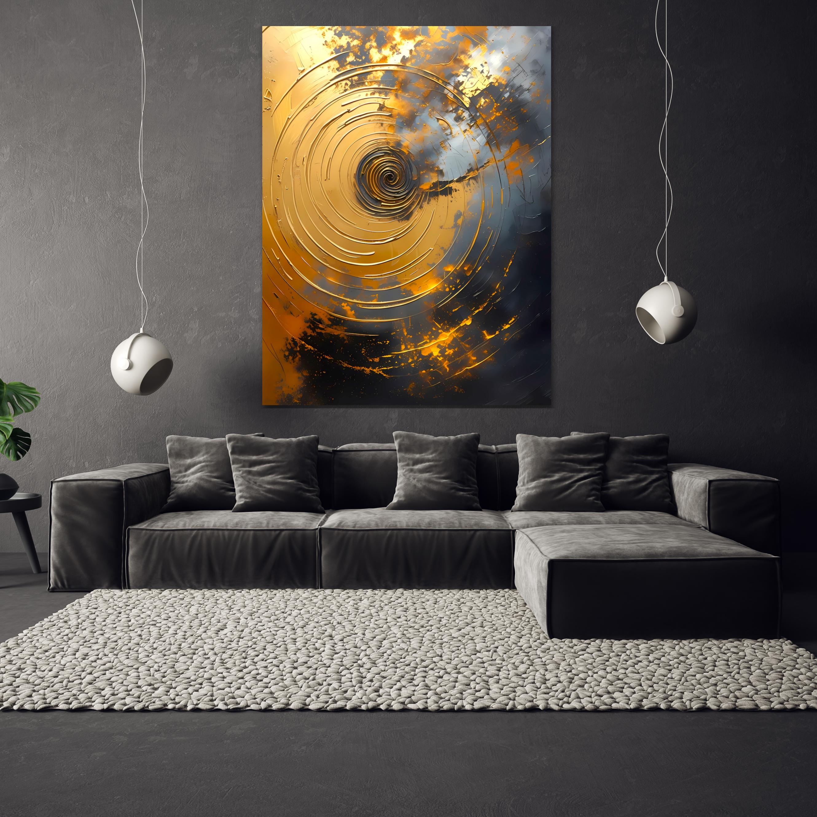 Mesmerizing golden whirlpool in oils, evoking cosmic energy with fiery bursts against a shadowy void.
