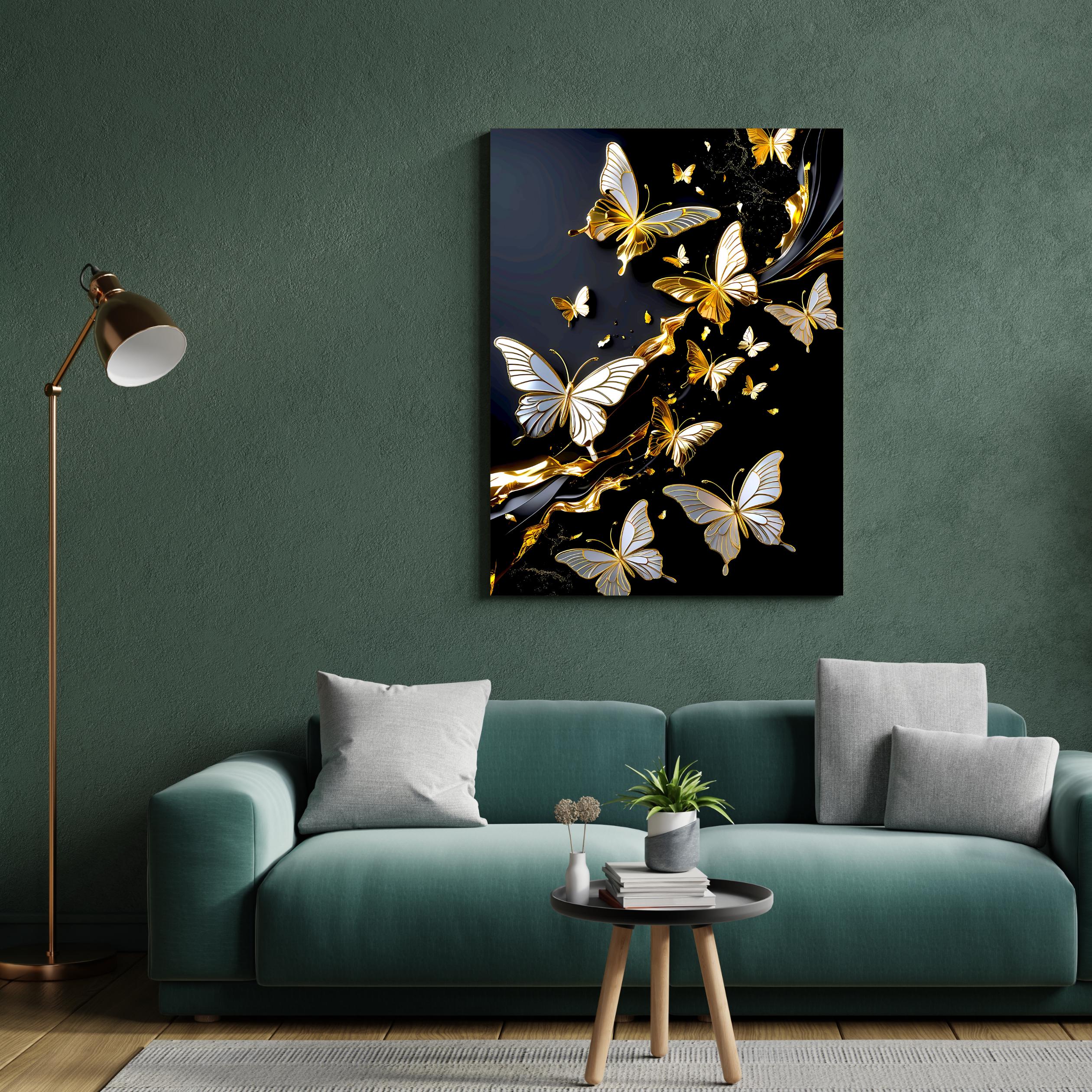 Flock of metallic butterflies in white and gold, emerging from golden waves on black canvas.