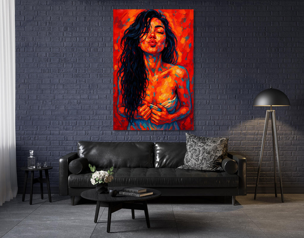Abstract Kiss Portrait: Vibrant Expressionist Woman Art Print - AffinityArts 