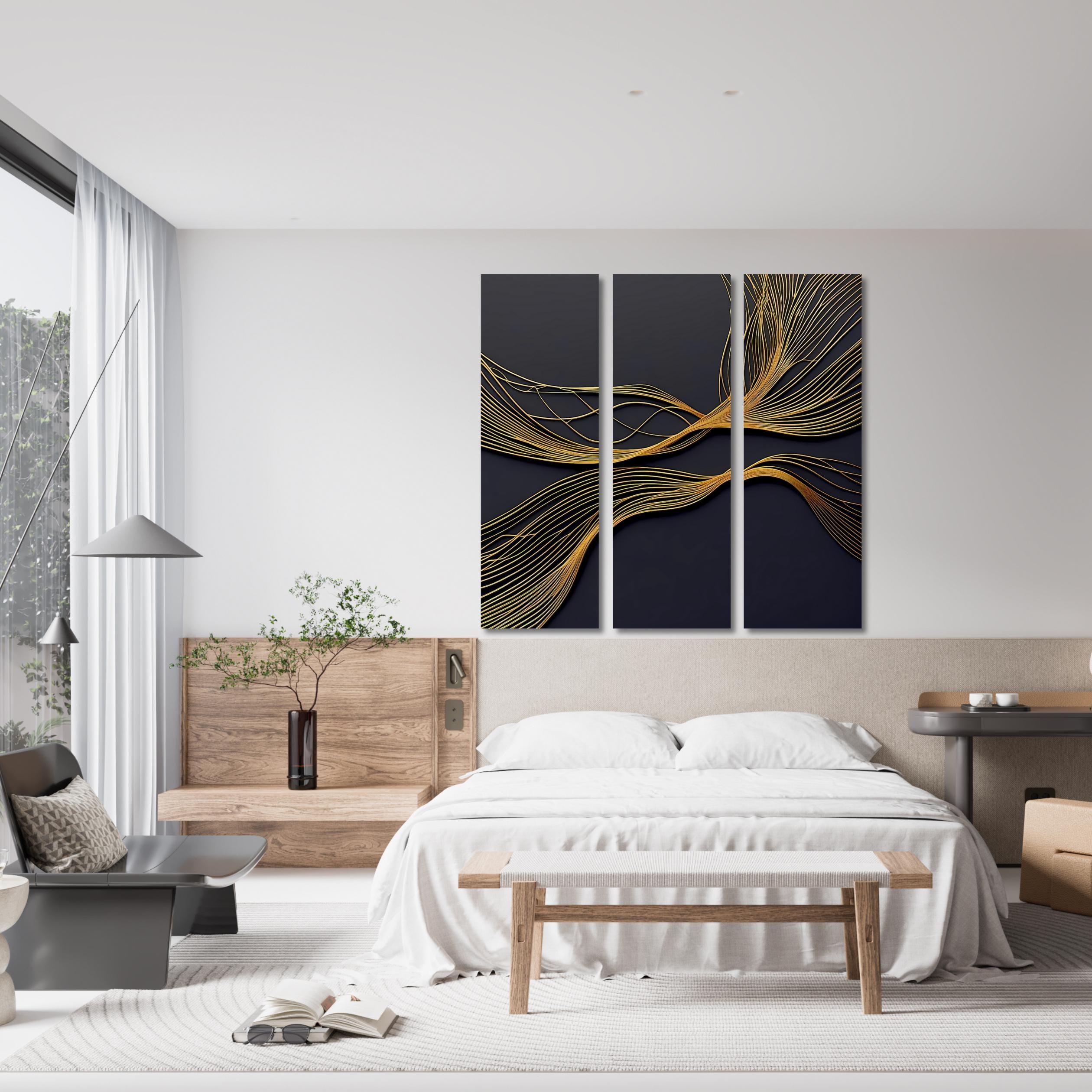 Gold Line Abstract Triptych Canvas Art: Modern Black and Gold Wall Decor