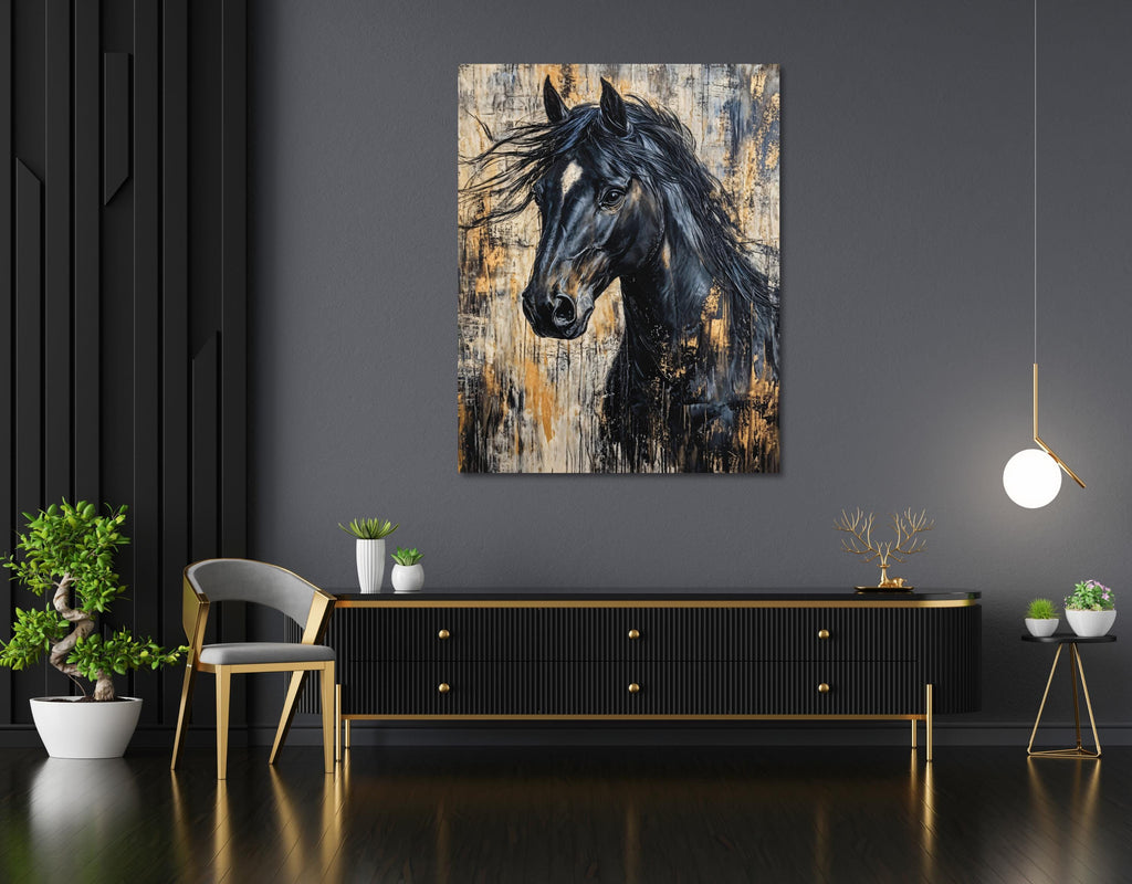 Artistic rendering of a powerful black horse head in profile, with dynamic flowing hair, intense gaze, and metallic gold highlights on a textured canvas.
