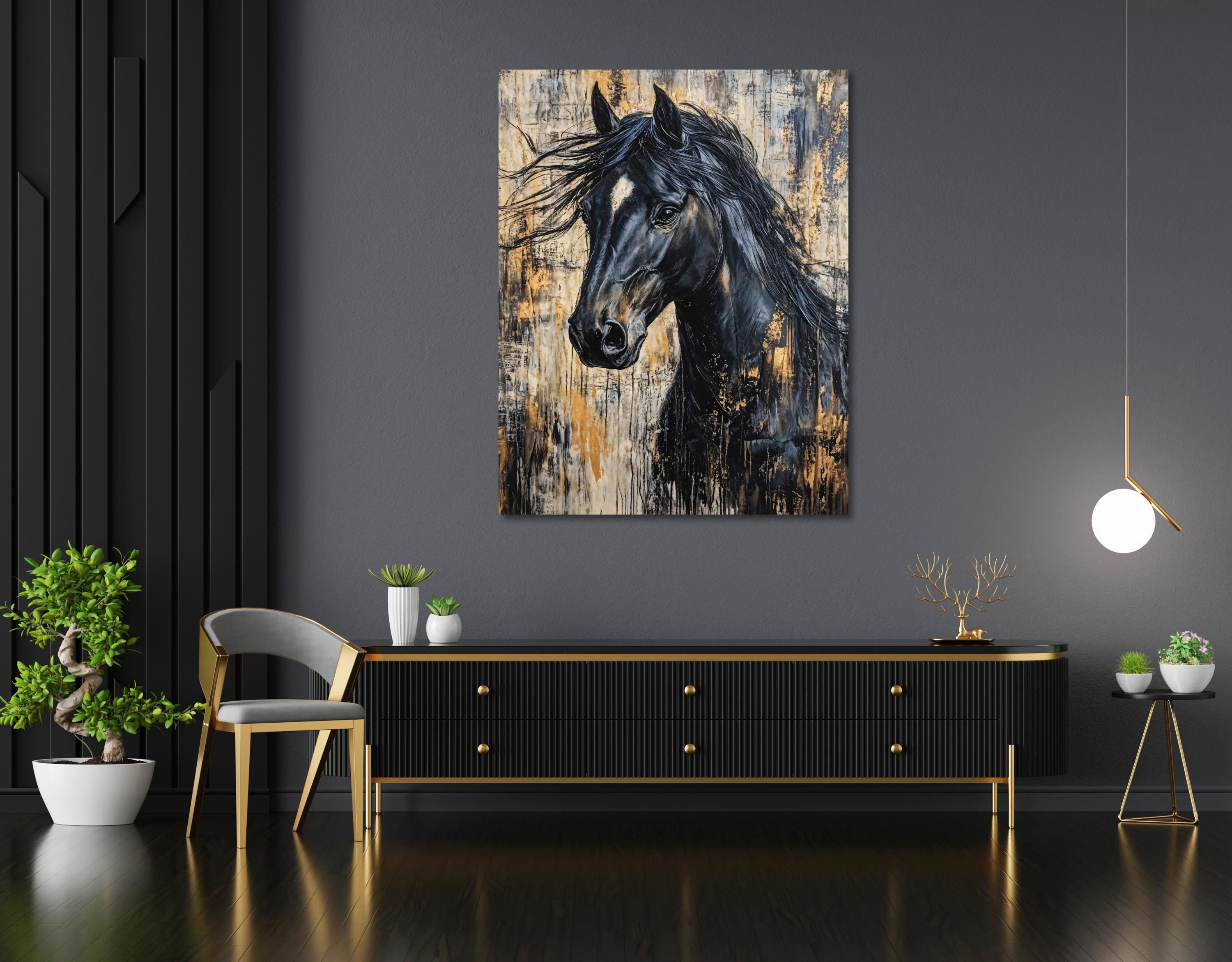 Artistic rendering of a powerful black horse head in profile, with dynamic flowing hair, intense gaze, and metallic gold highlights on a textured canvas.
