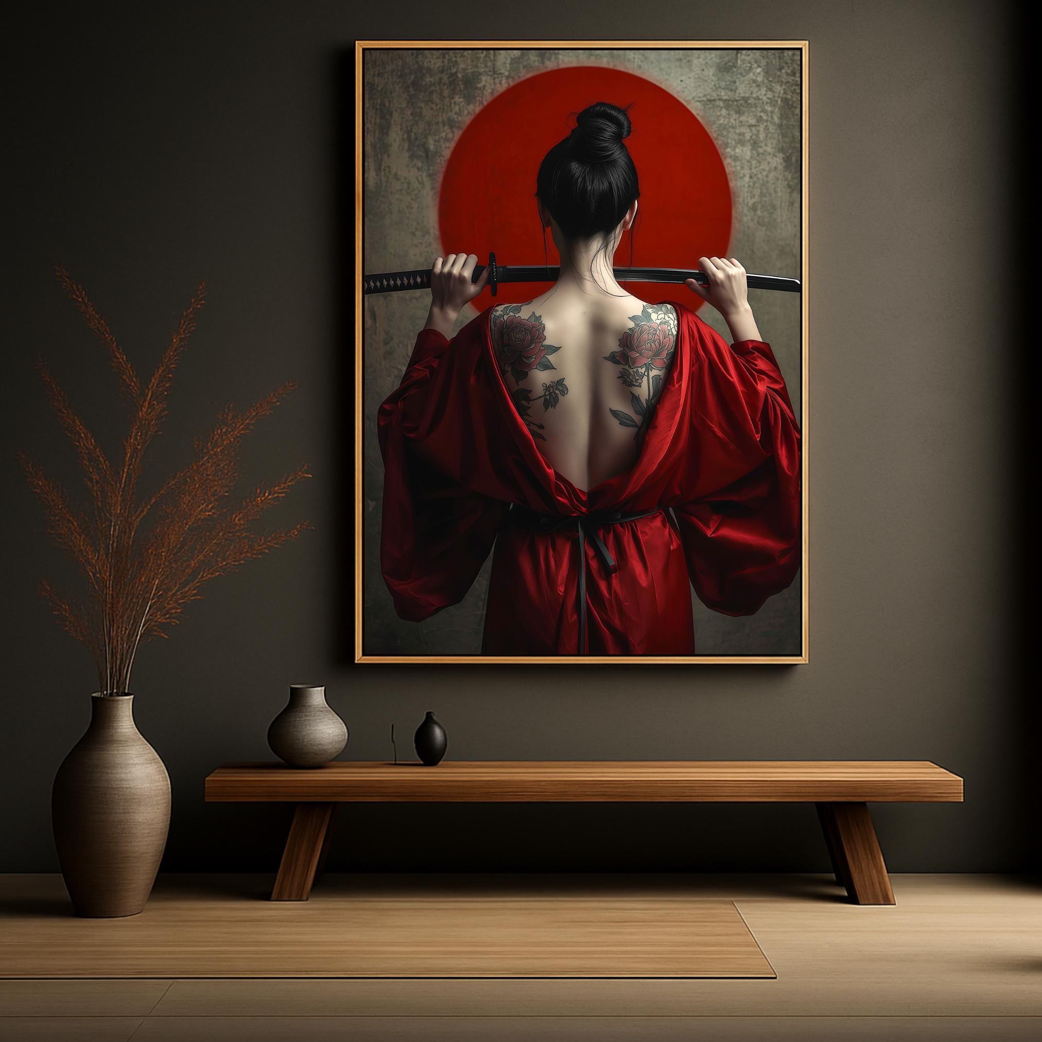 Japanese-inspired portrait: tattooed back, crimson silk, samurai sword, and iconic red sun symbol