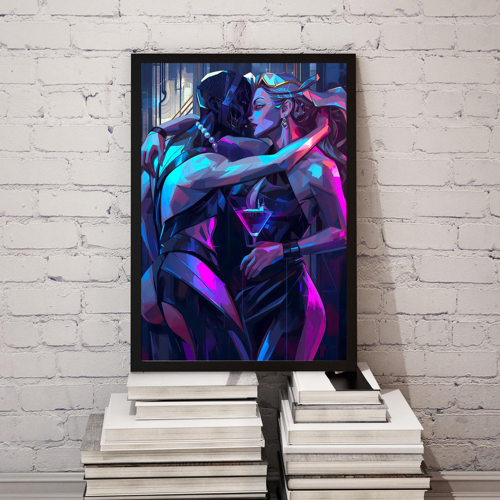 Neon cityscape background with a glamorous woman and a masked, high-tech figure locked in a close embrace.