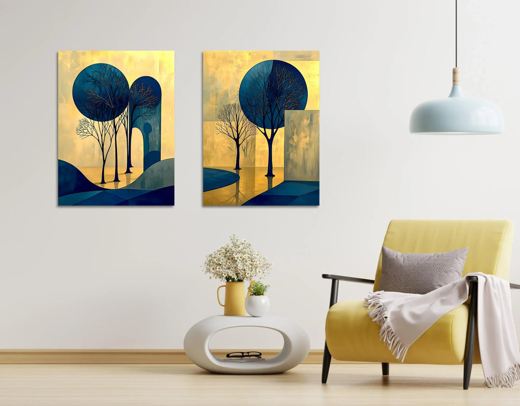Abstract Tree Art Set: Blue and Gold Landscape Canvas or Poster - AffinityArts 