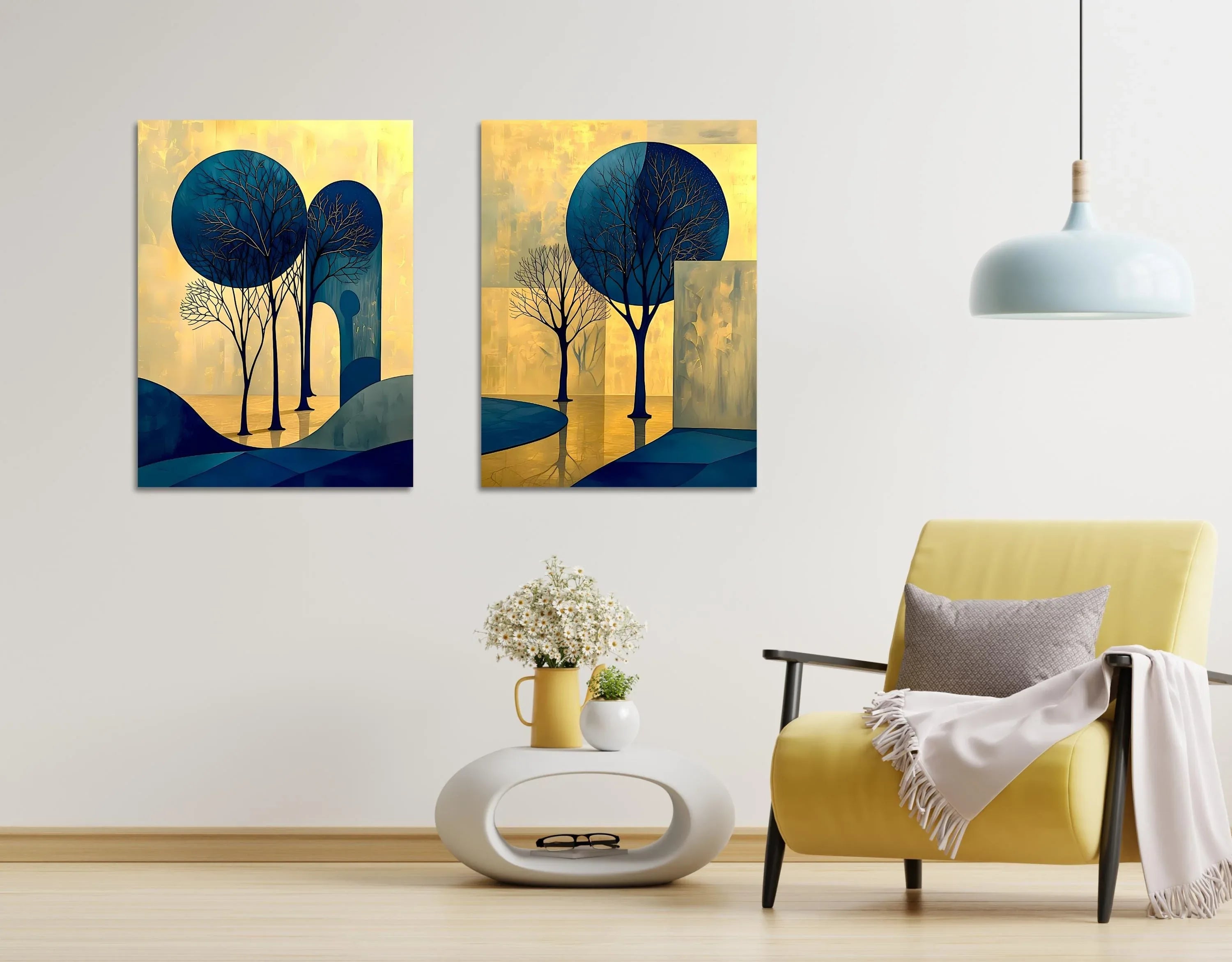Abstract Tree Art Set: Blue and Gold Landscape Canvas or Poster - AffinityArts 