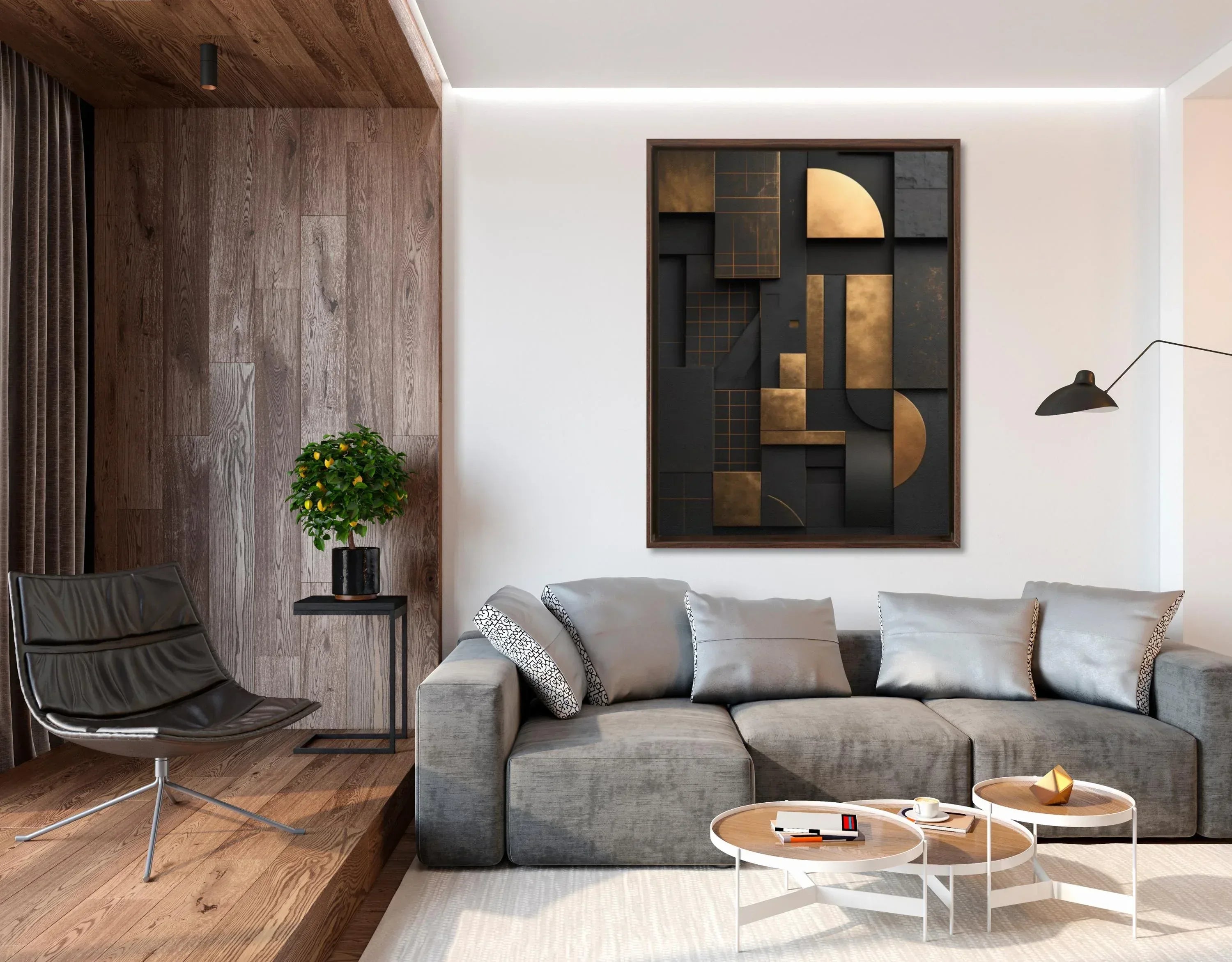 Black and Gold Geometric Canvas Wall Art: Modern Floating Frame - AffinityArts 