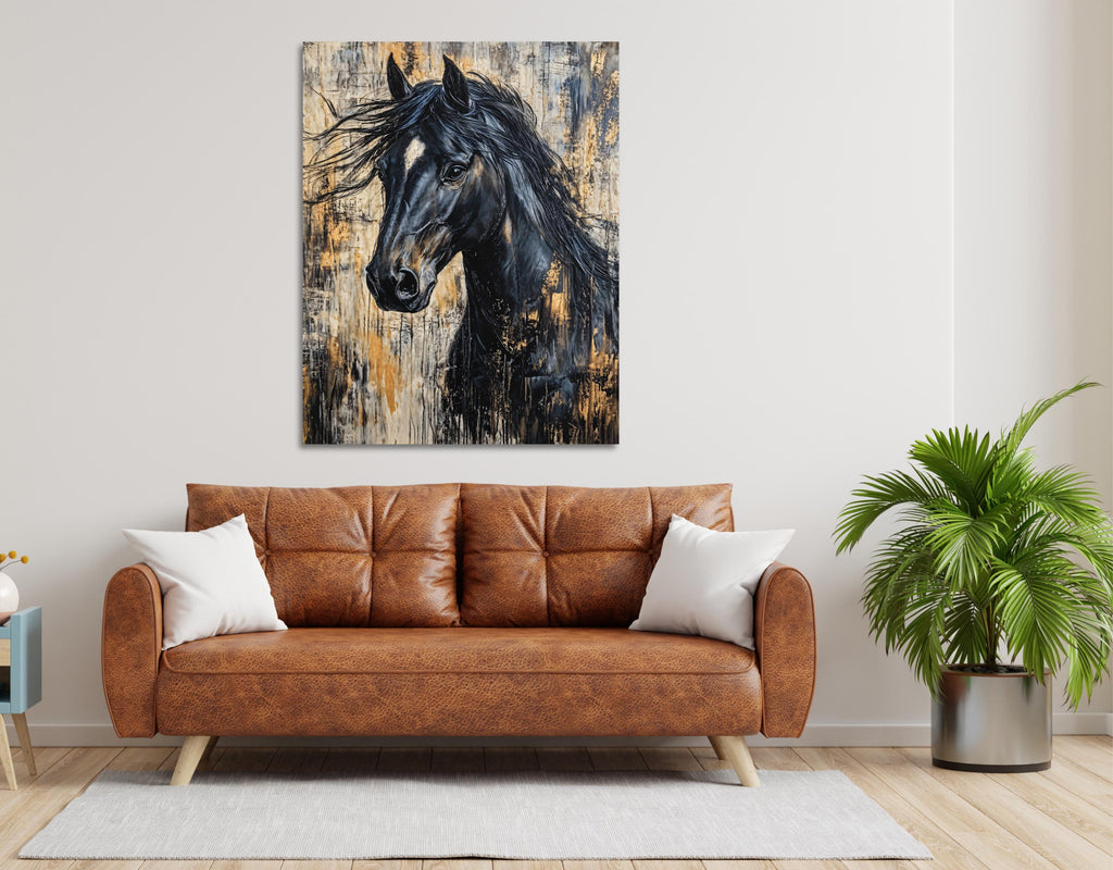 Stunning abstract art of a dark horse's head, with lustrous black coat, windswept bangs, and dripping liquid gold accents on a smoky background.
