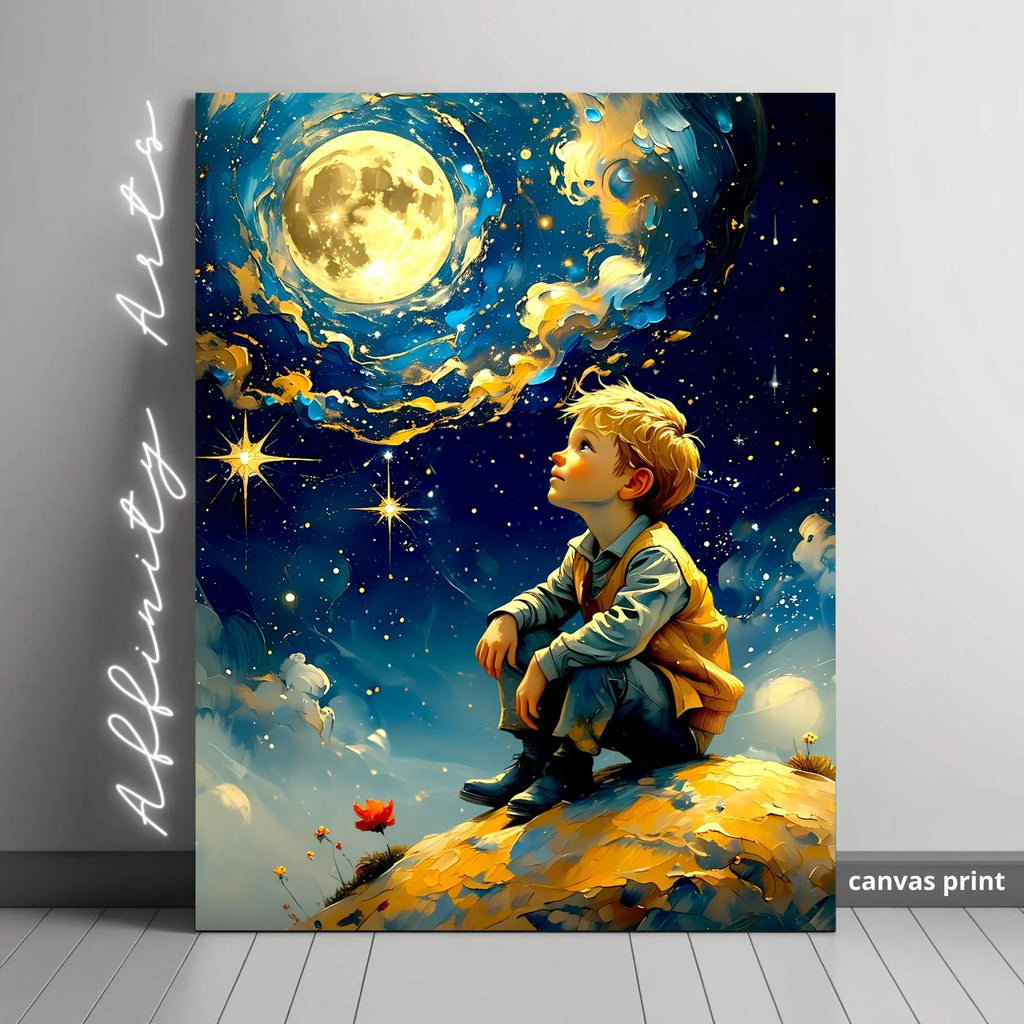 Fantasy Moon Wall Art – Dreamy Boy Under Starry Sky Canvas Print - AffinityArts 