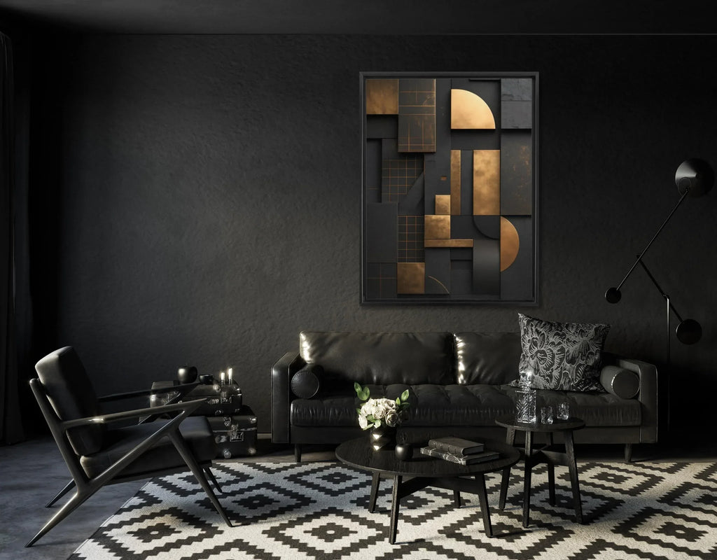 Black and Gold Geometric Canvas Wall Art: Modern Floating Frame - AffinityArts 