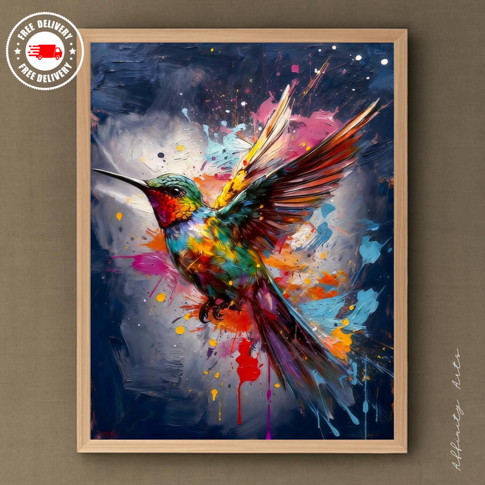 Colorful Hummingbird Wall Art Print, Blue Background, Premium Paper Poster, Canvas Print, Digital Download AffinityArts