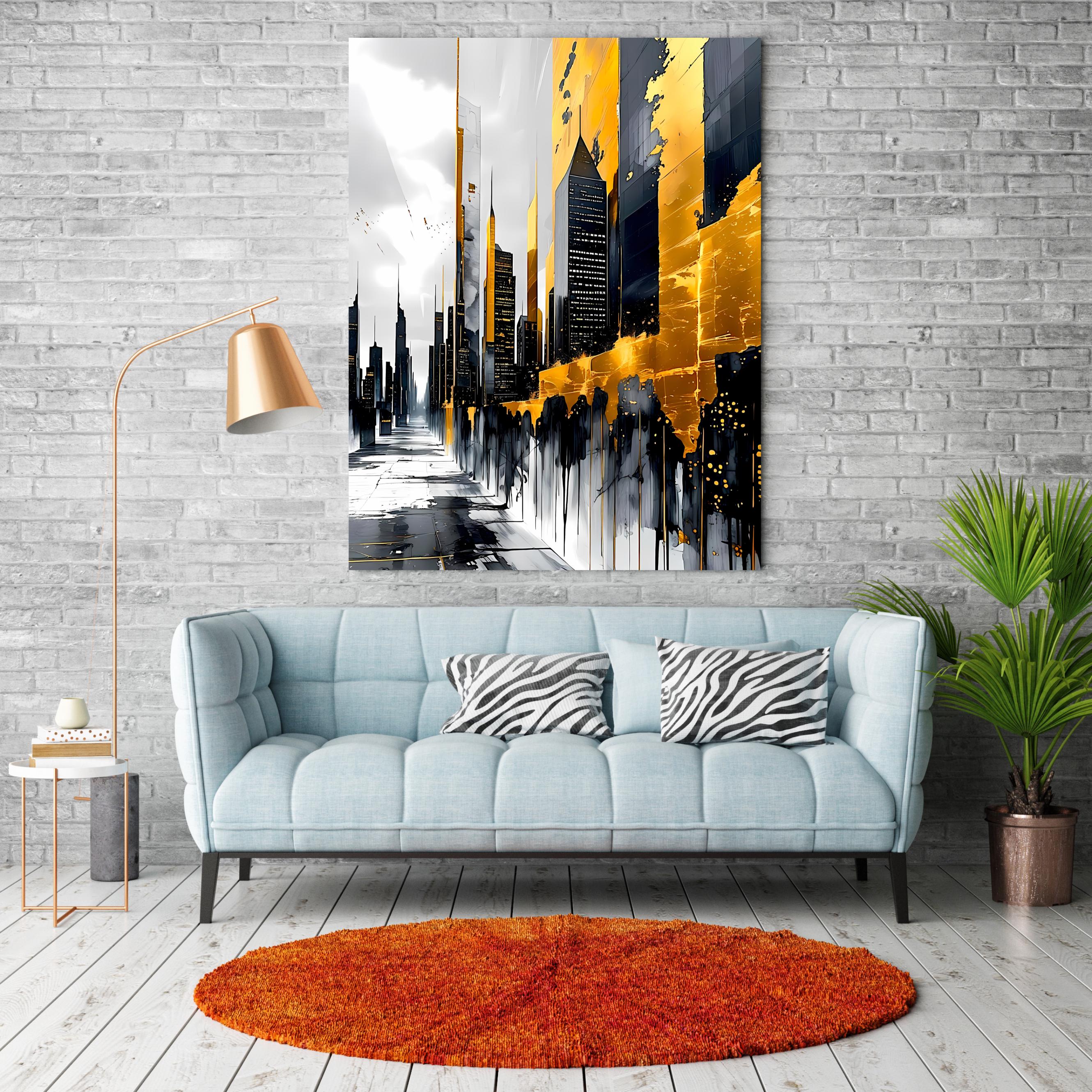 Stylized metropolitan skyline with glowing golden accents and ink-like drips on a minimalist street background.