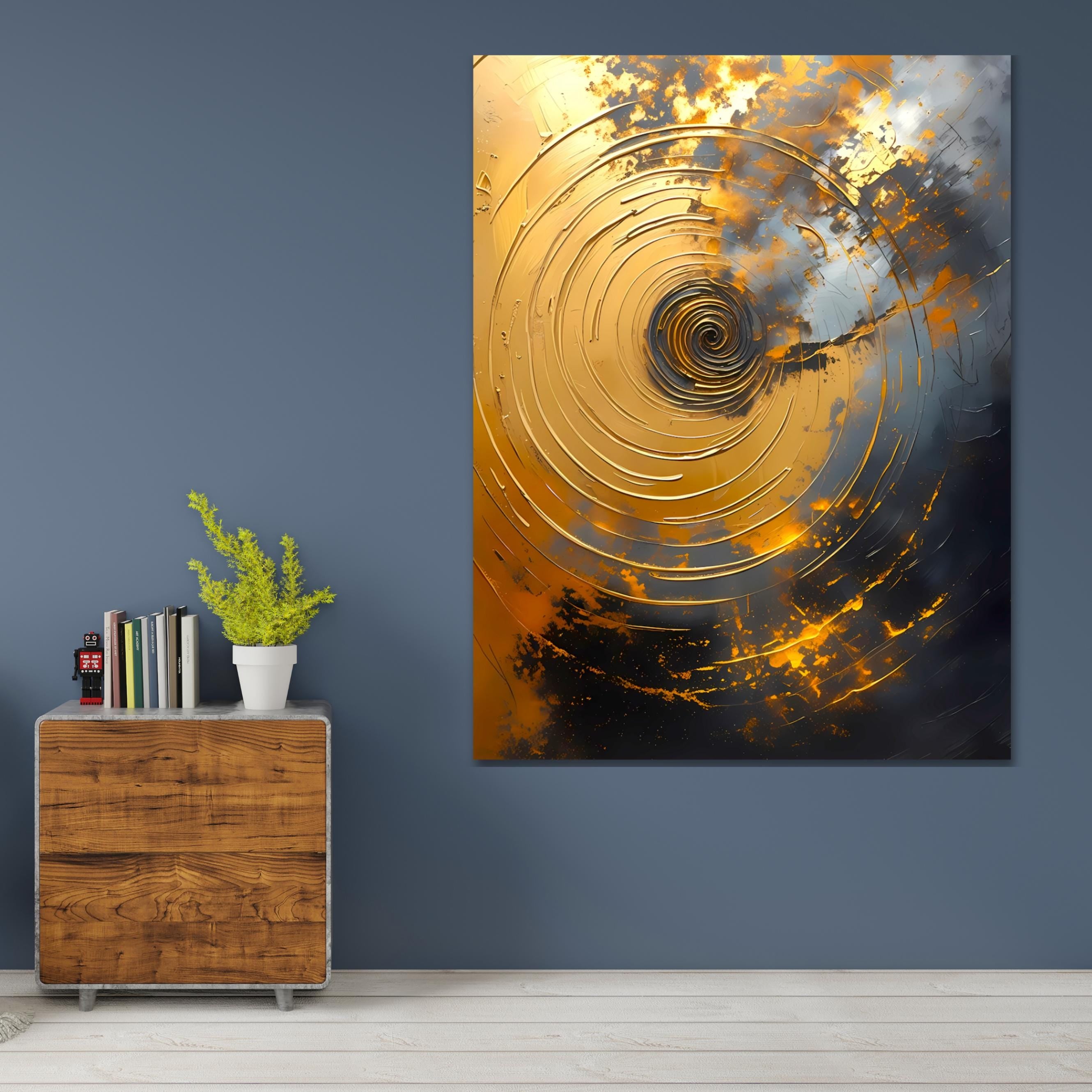 Radiant abstract mandala of swirling golds and embers, textured impasto on deep charcoal canvas.
