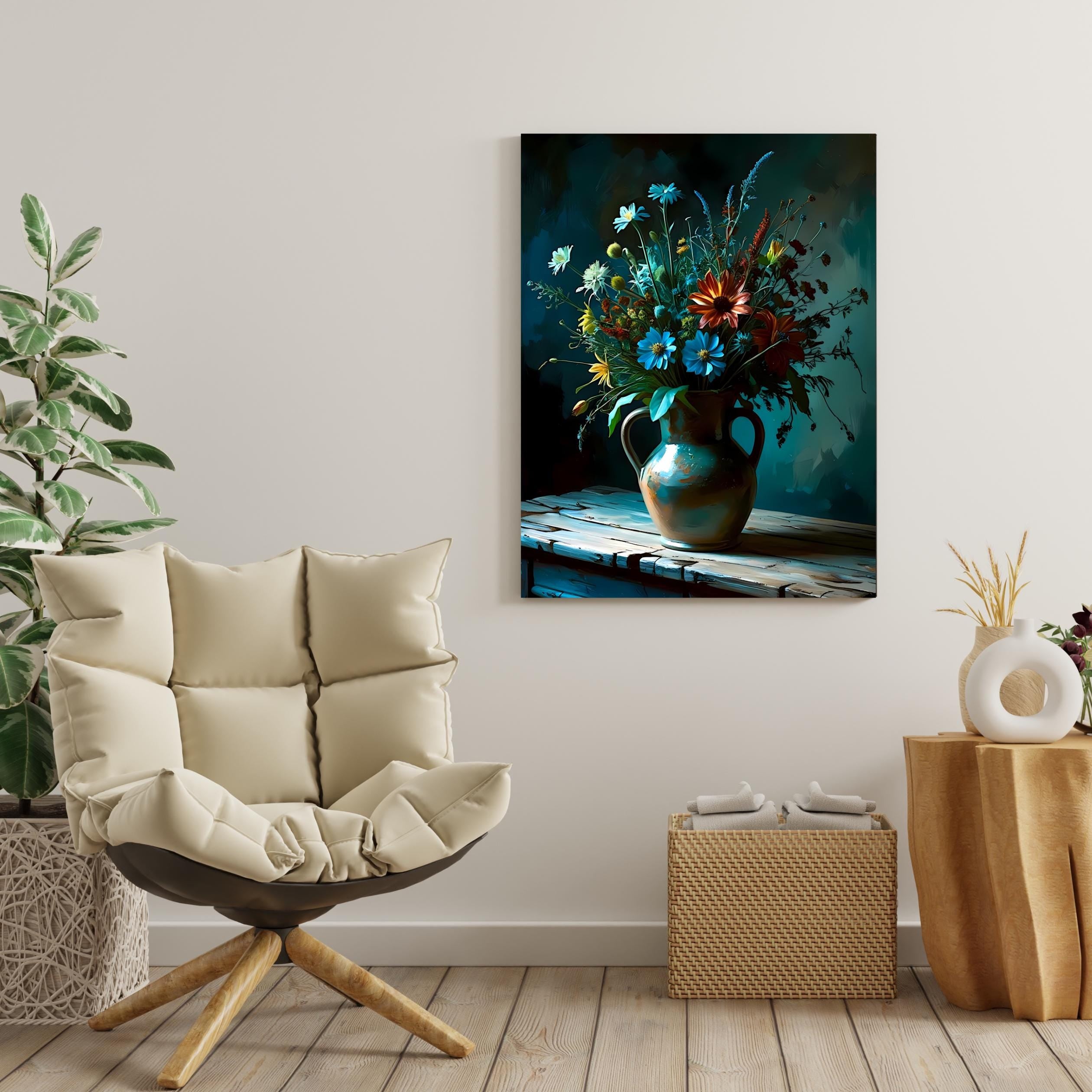 Moody digital artwork depicting a bouquet of autumnal blooms in a bronze-toned vase, including rust-hued zinnias and lavender asters, on a cracked blue-gray surface.