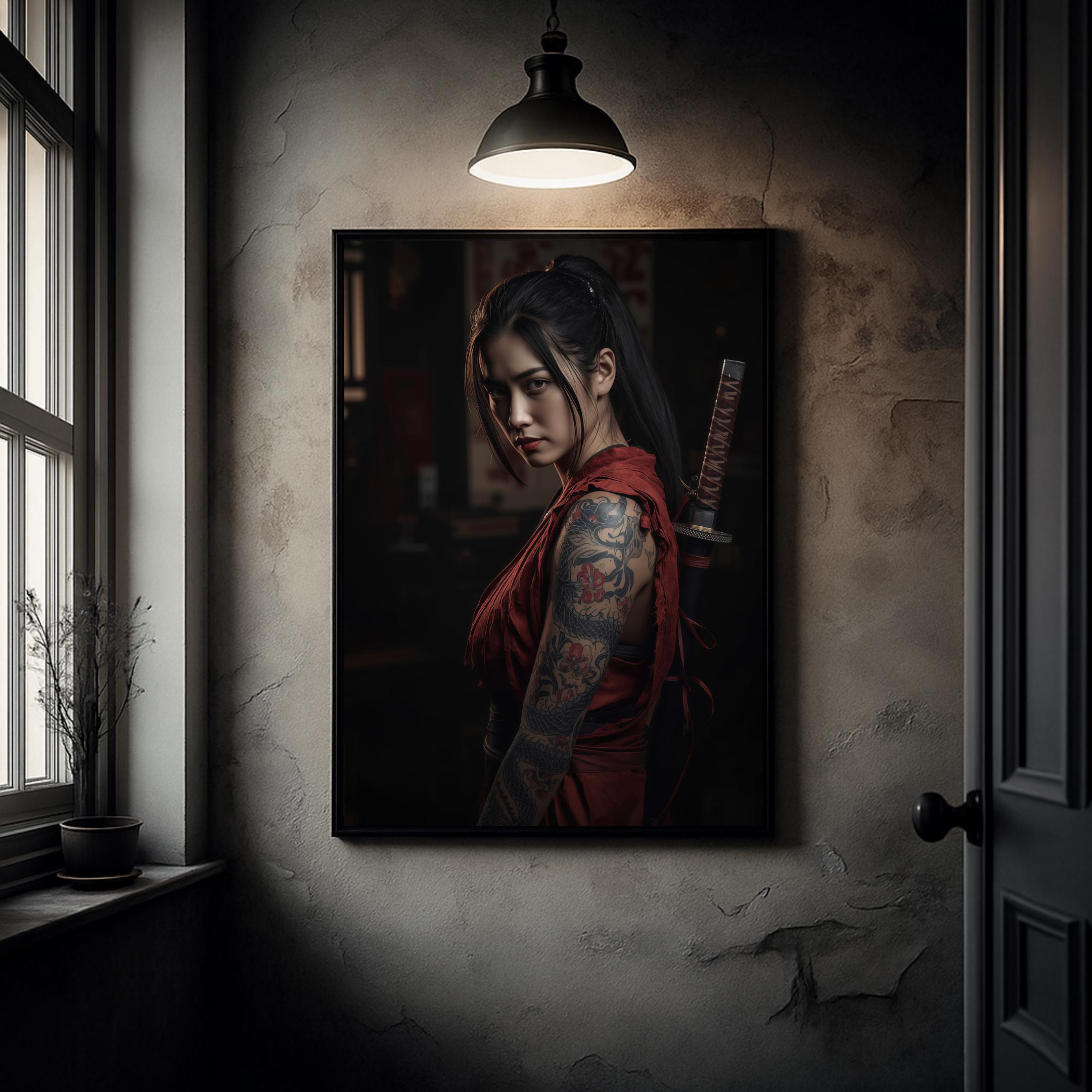 Samurai Woman Poster, Tattooed Female Warrior Wall Art, Japanese Style Print, Premium Paper, Digital Download Available AffinityArts