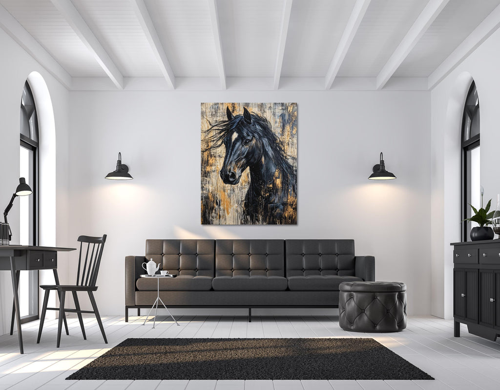 Dramatic painting of a black stallion's face, featuring windswept black mane, white blaze, and shimmering gold drips blending into beige brushstrokes.
