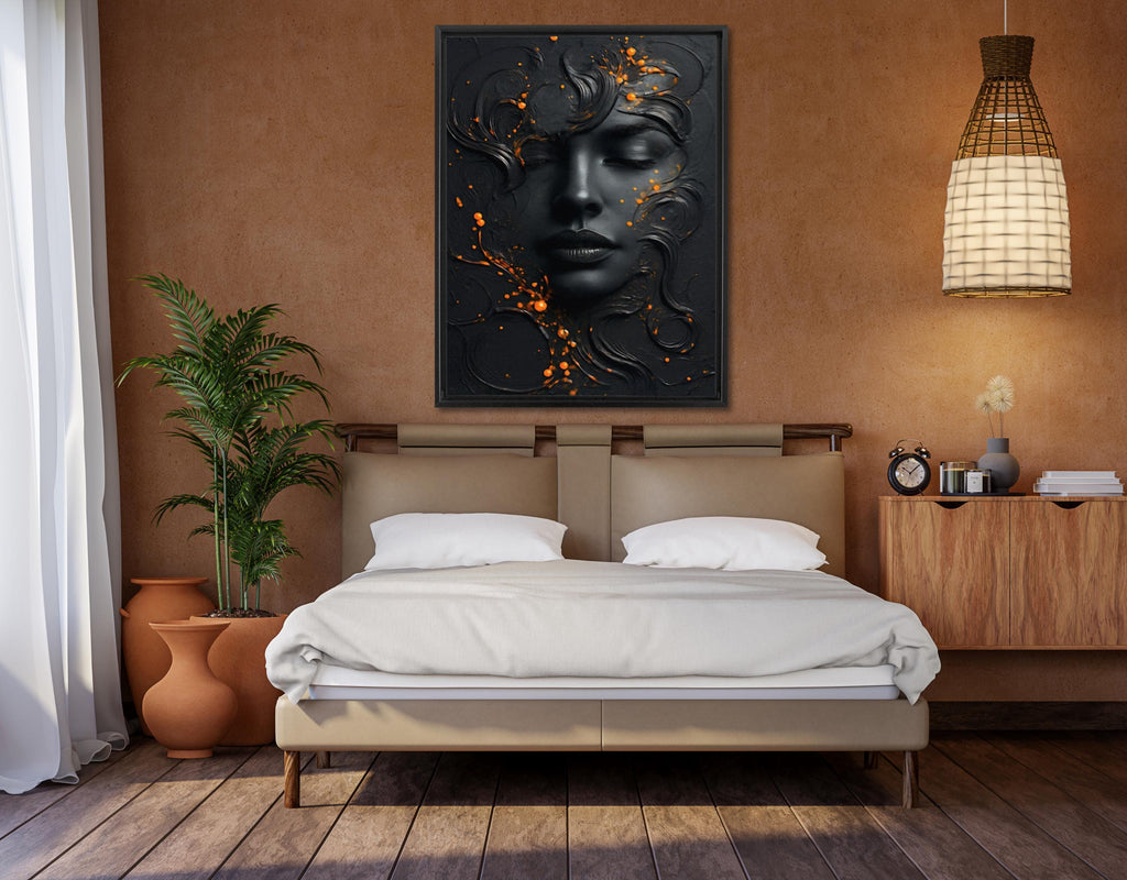 Abstract Black Face Canvas Art: Modern Orange Accent Painting AffinityArts