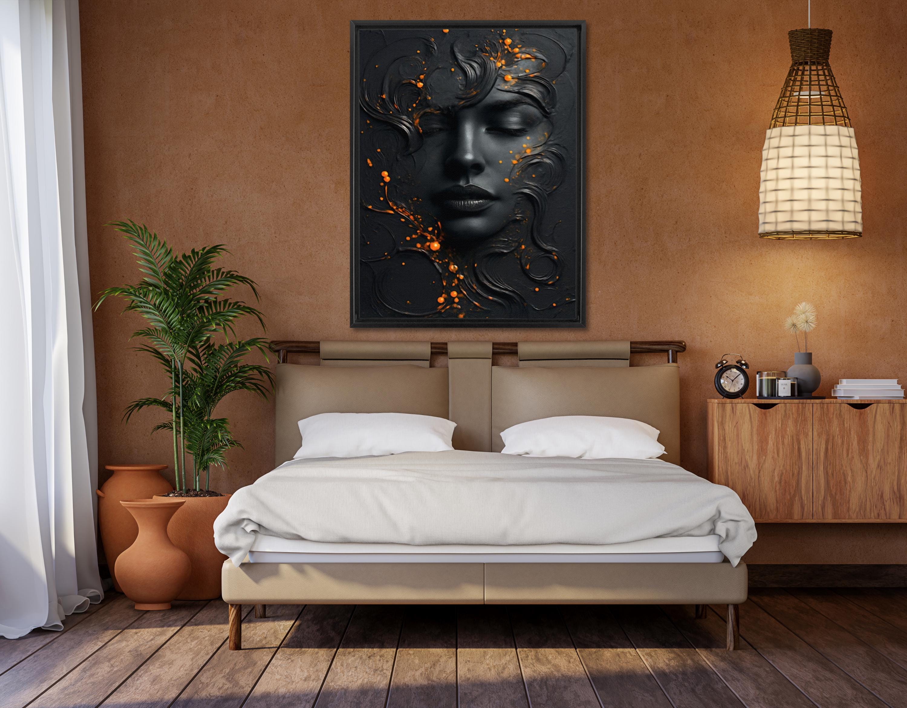 Abstract Black Face Canvas Art: Modern Orange Accent Painting AffinityArts