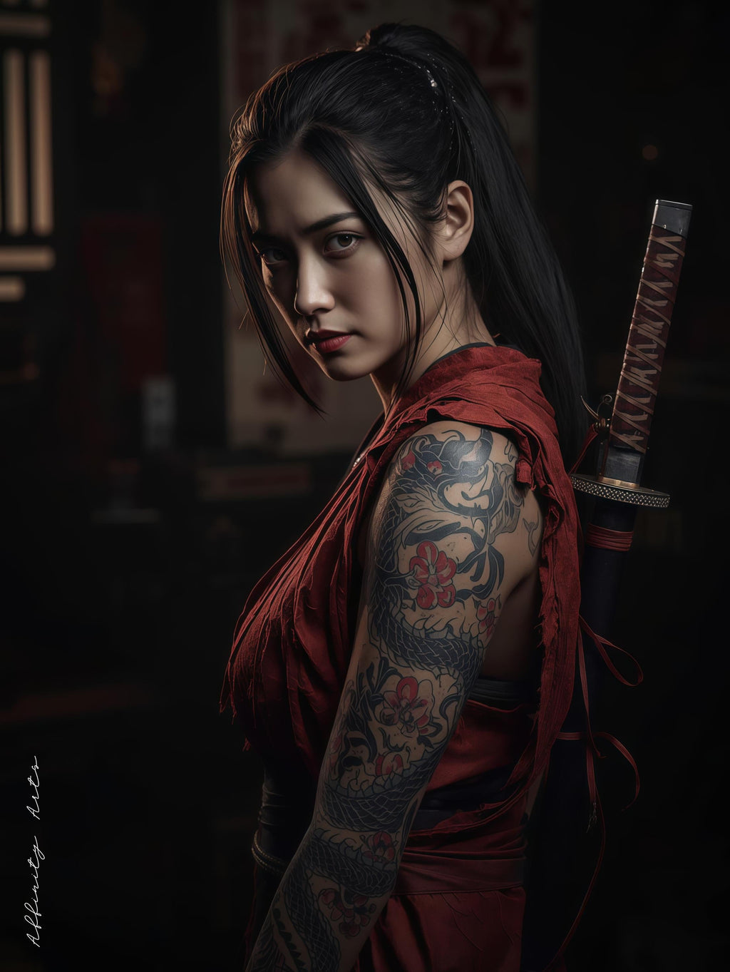 Samurai Woman Poster, Tattooed Female Warrior Wall Art, Japanese Style Print, Premium Paper, Digital Download Available AffinityArts