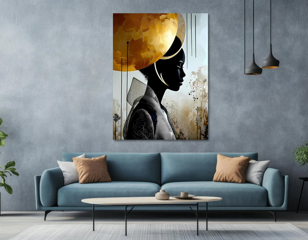 Golden Halo African Woman Portrait: Abstract Afrocentric Art - AffinityArts 