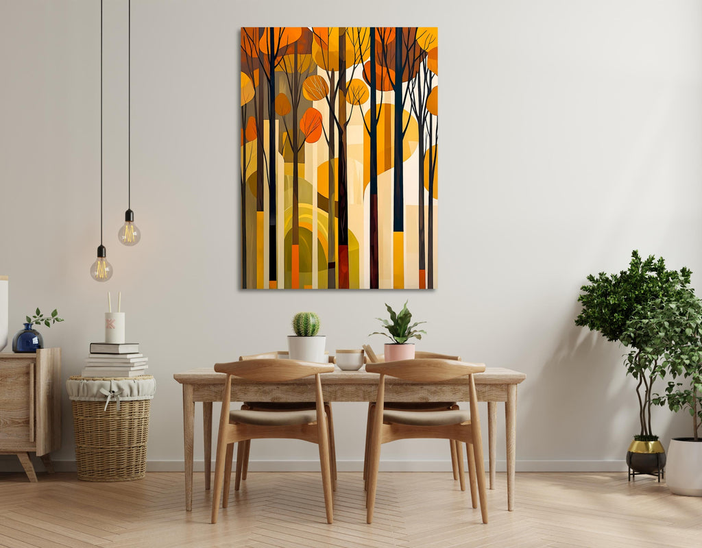 Decorative abstract forest with vertical tree trunks and warm seasonal tones.