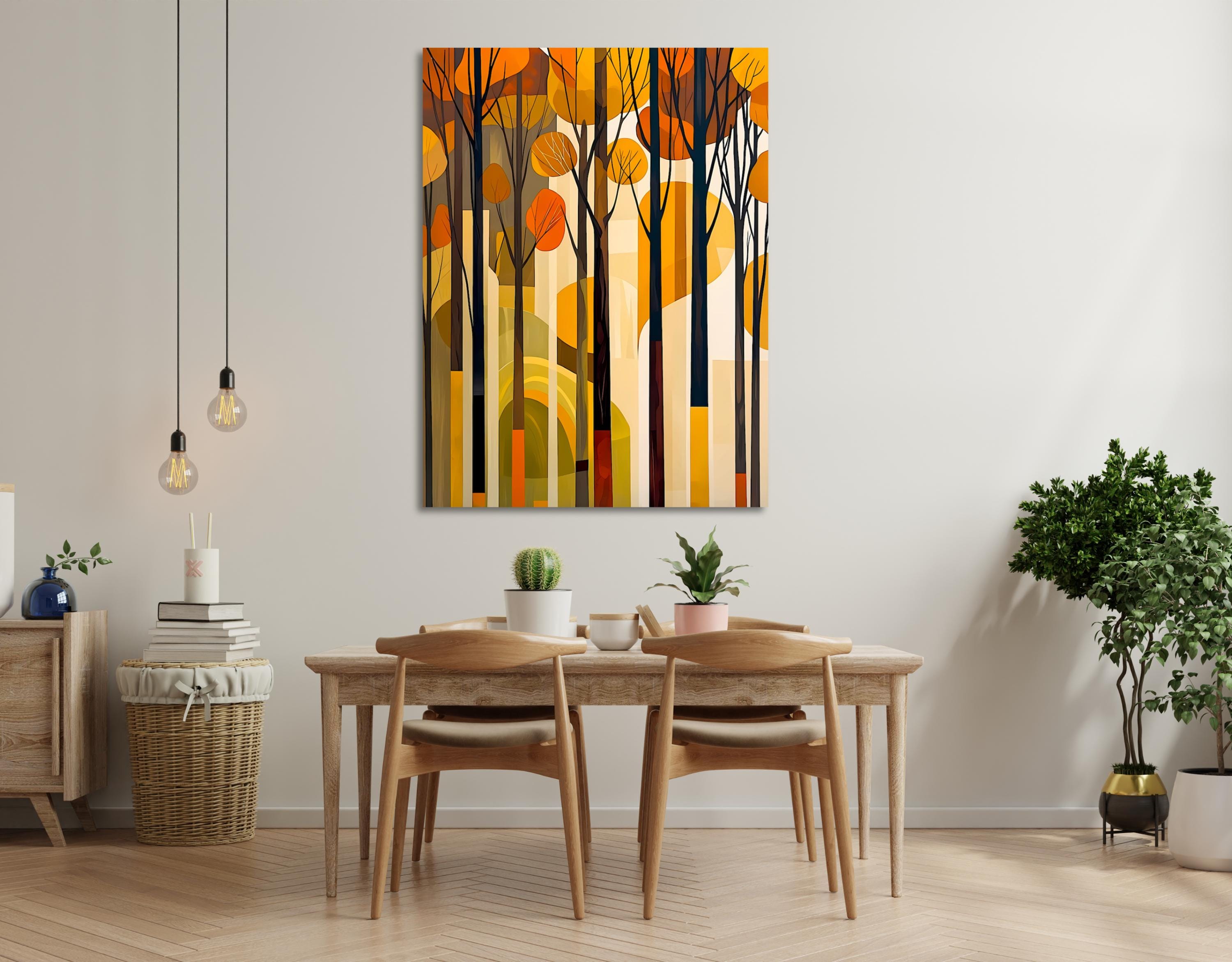 Decorative abstract forest with vertical tree trunks and warm seasonal tones.