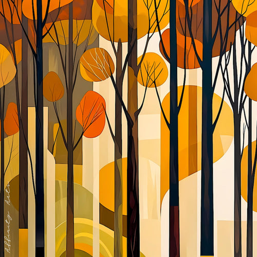 Modern abstract woodland scene with slender tree trunks and golden fall foliage.