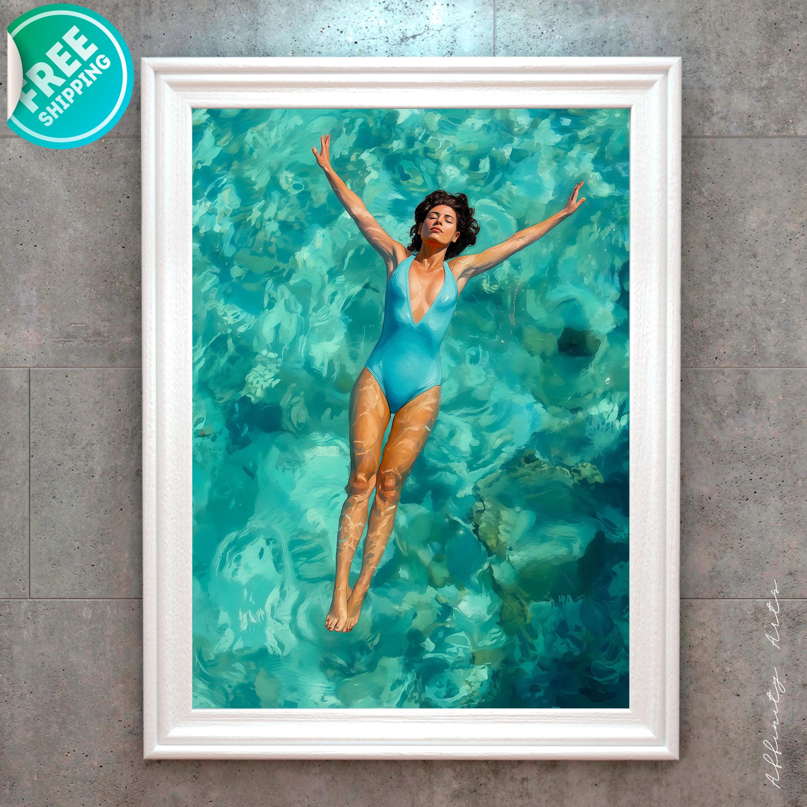 Serene woman with curly brown hair floating face-up in turquoise water, arms outstretched in a blue one-piece swimsuit.
