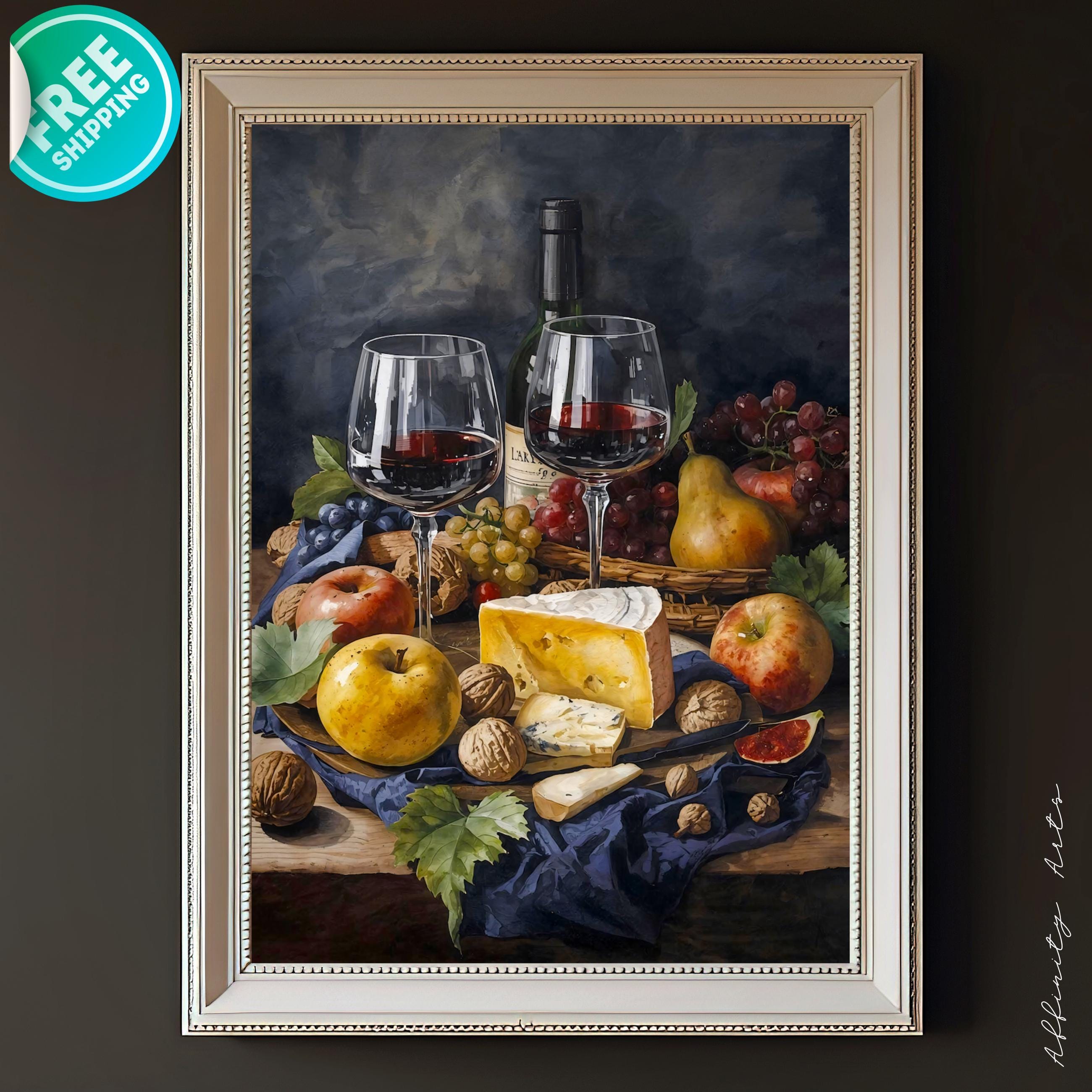 Still life painting with two glasses of red wine, a bottle, assorted cheeses, apples, pears, grapes, fig, and walnuts on a wooden table with blue cloth.