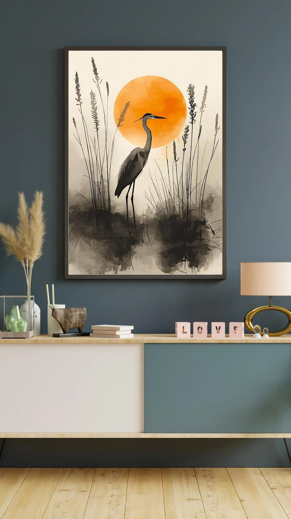 Watercolor Heron Art Print: Japanese Style Sunrise Poster - AffinityArts 