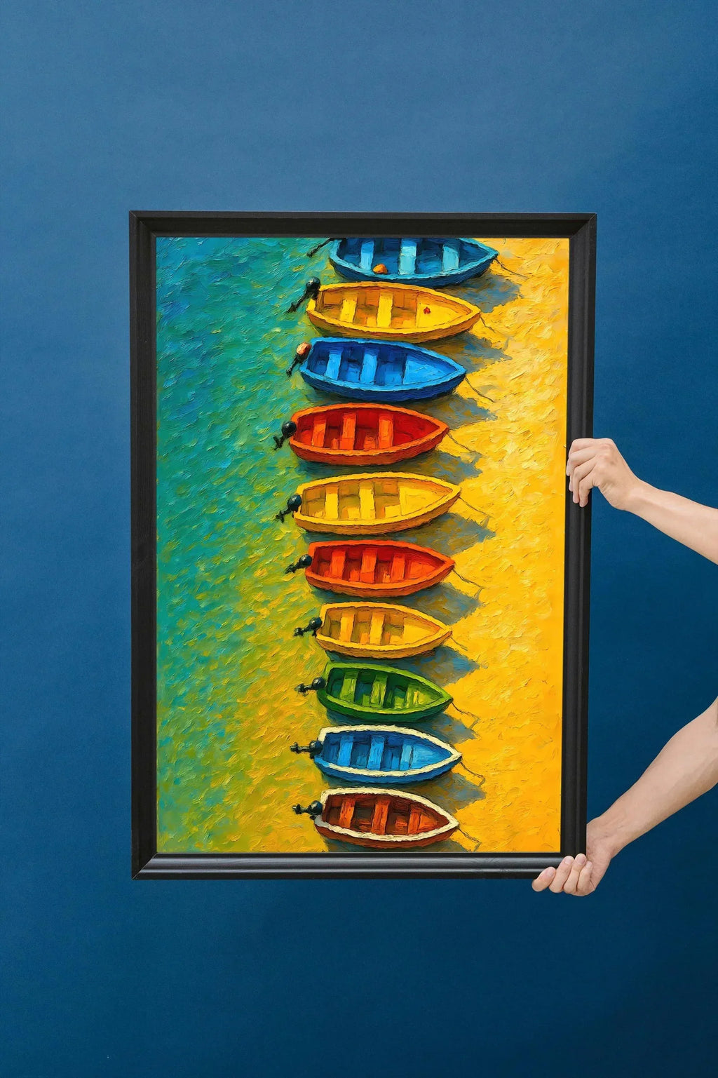 Seaside Row Boats Art Print: Vibrant Coastal Painting on Canvas - AffinityArts 