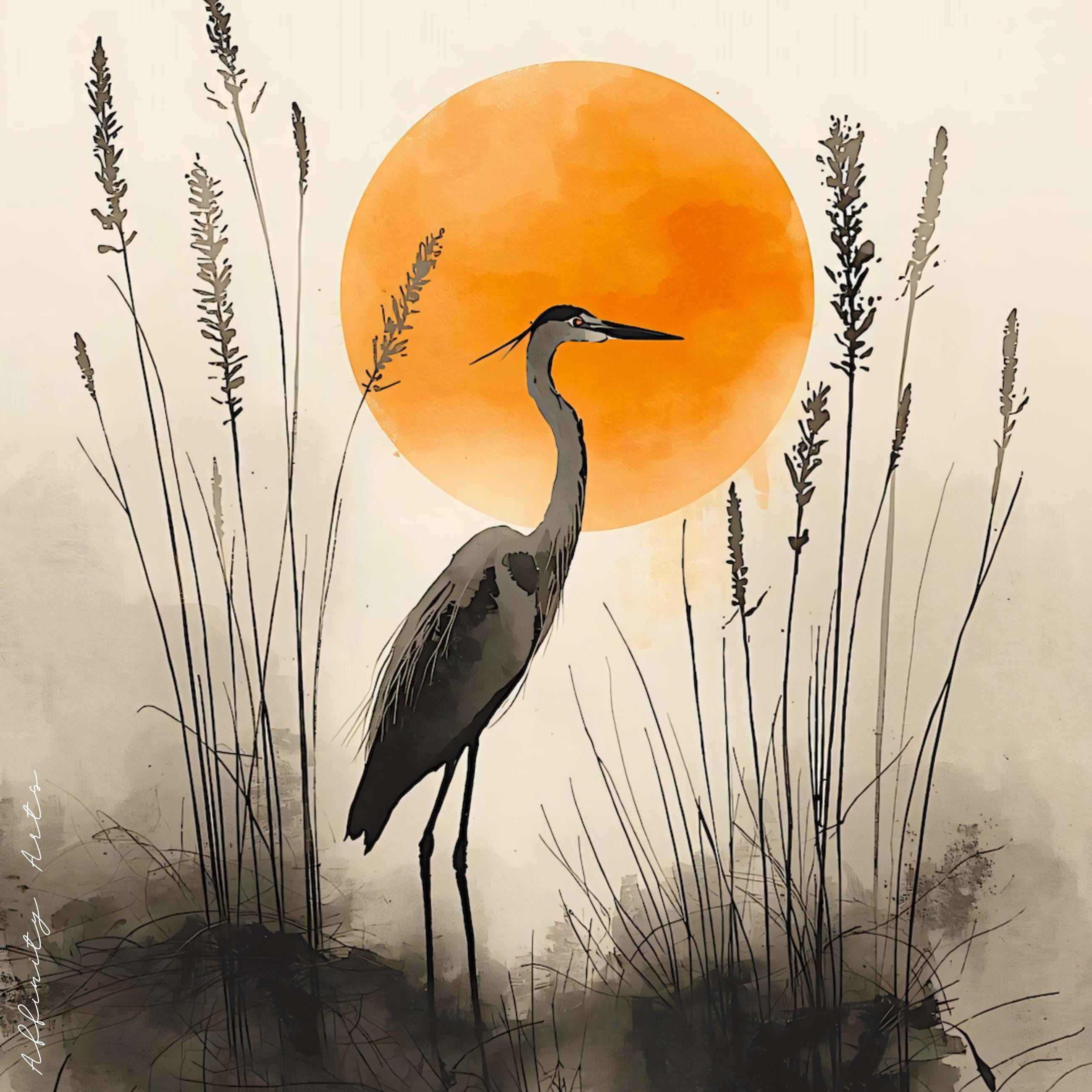 Elegant heron bird in tall reeds at sunset, painted in soft watercolor and ink with a circular orange sun