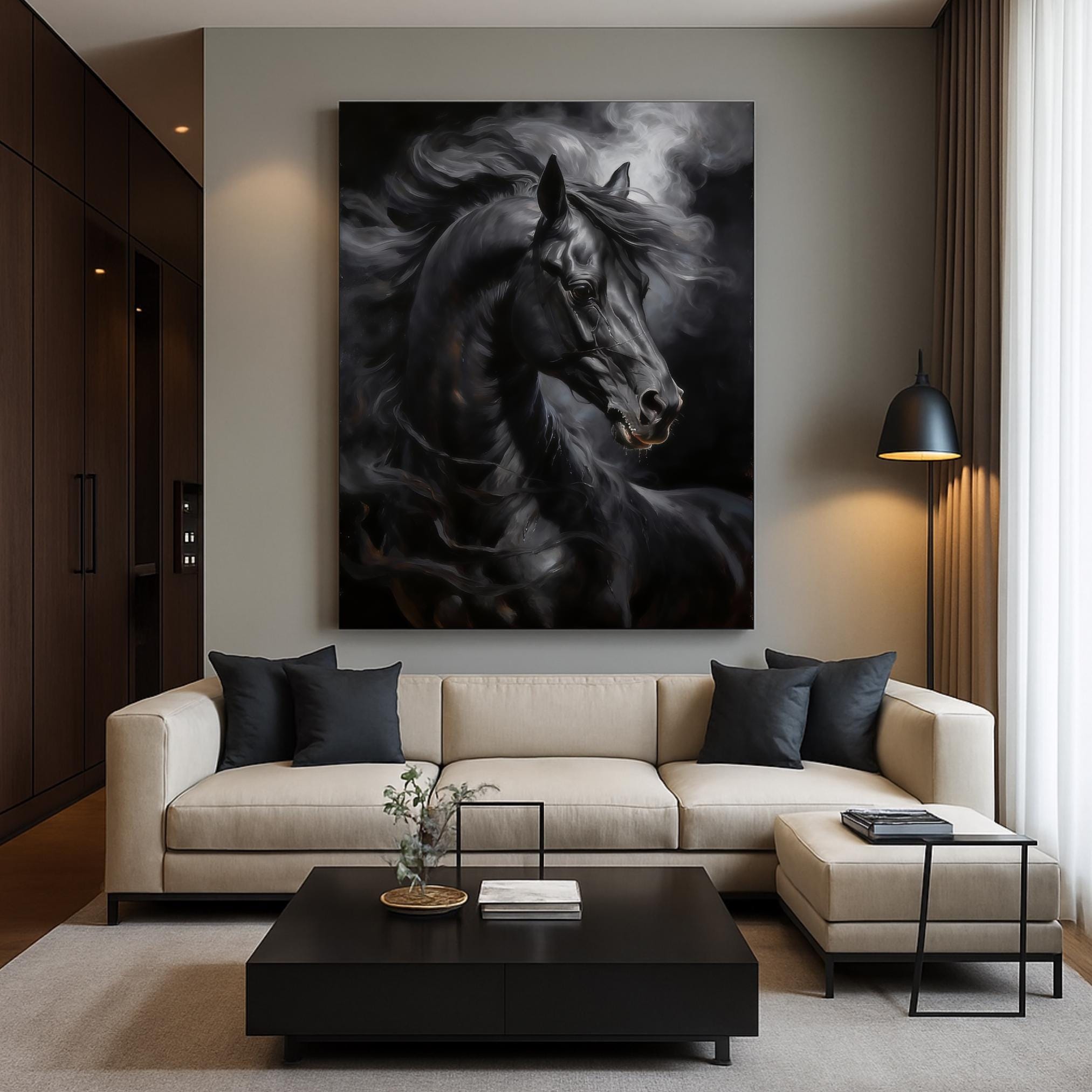 Dark fantasy equine art featuring a powerful black horse with ethereal swirling smoke
