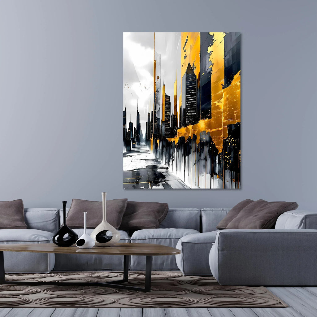 Luxury Urban Wall Art – Gold Drip Abstract Skyline Canvas Print - AffinityArts 