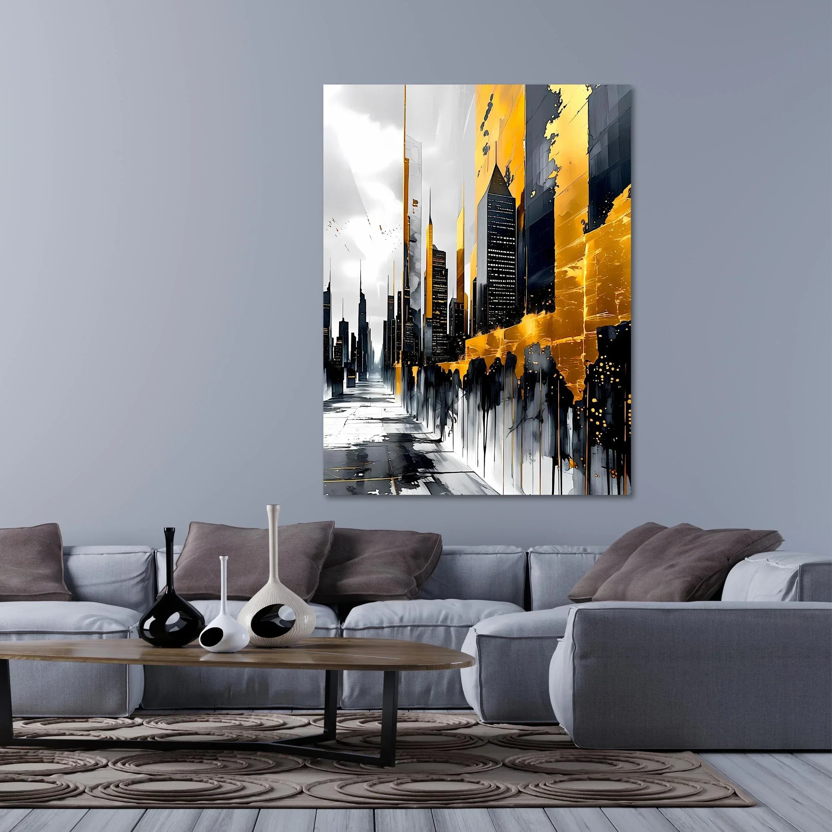 Luxury Urban Wall Art – Gold Drip Abstract Skyline Canvas Print - AffinityArts 