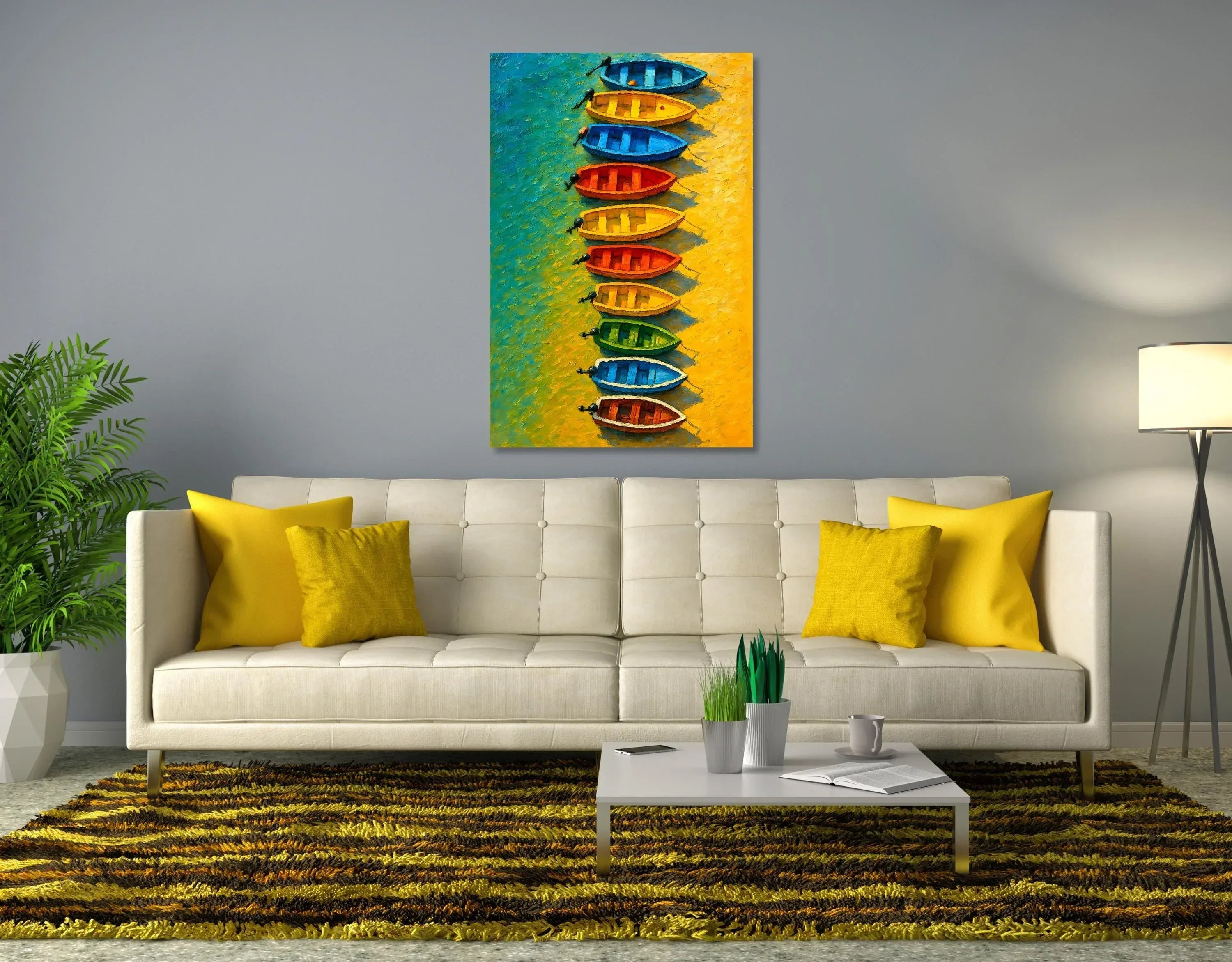 Seaside Row Boats Art Print: Vibrant Coastal Painting on Canvas - AffinityArts 