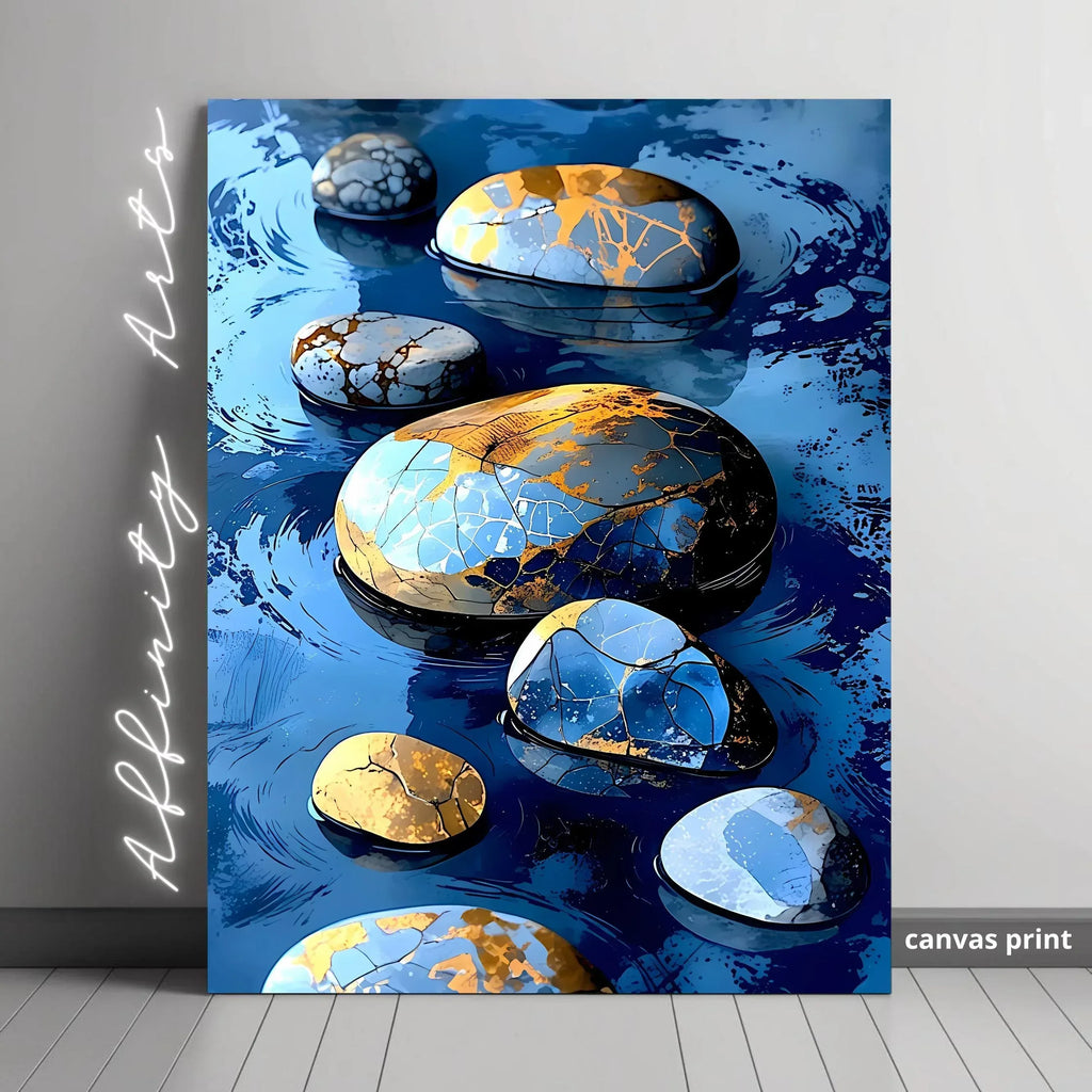 Kintsugi Stone Wall Art - Blue Gold Zen River Rocks Canvas Print - AffinityArts 