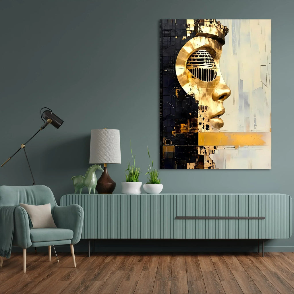 Modern Abstract Wall Art – Futuristic Golden Face Canvas, Cyberpunk Metal Texture Portrait Print - AffinityArts 