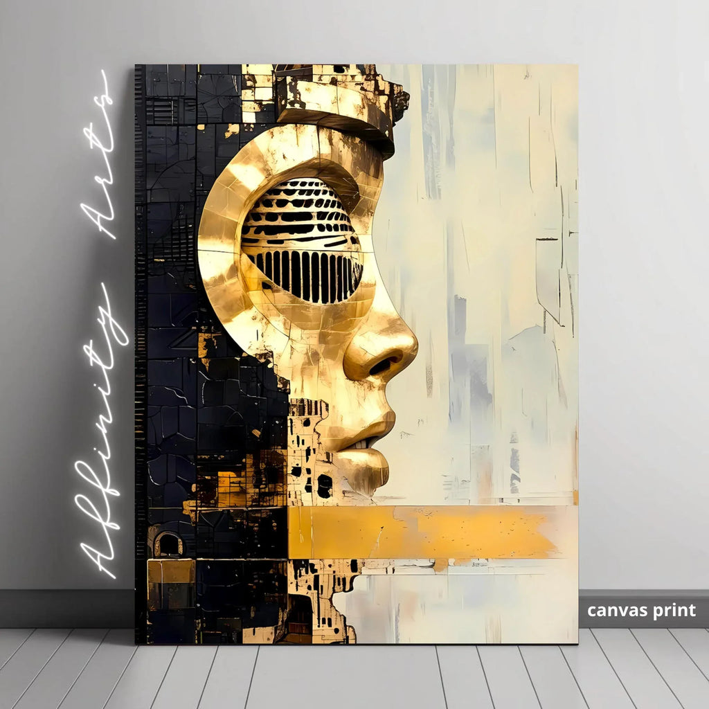 Modern Abstract Wall Art – Futuristic Golden Face Canvas, Cyberpunk Metal Texture Portrait Print - AffinityArts 